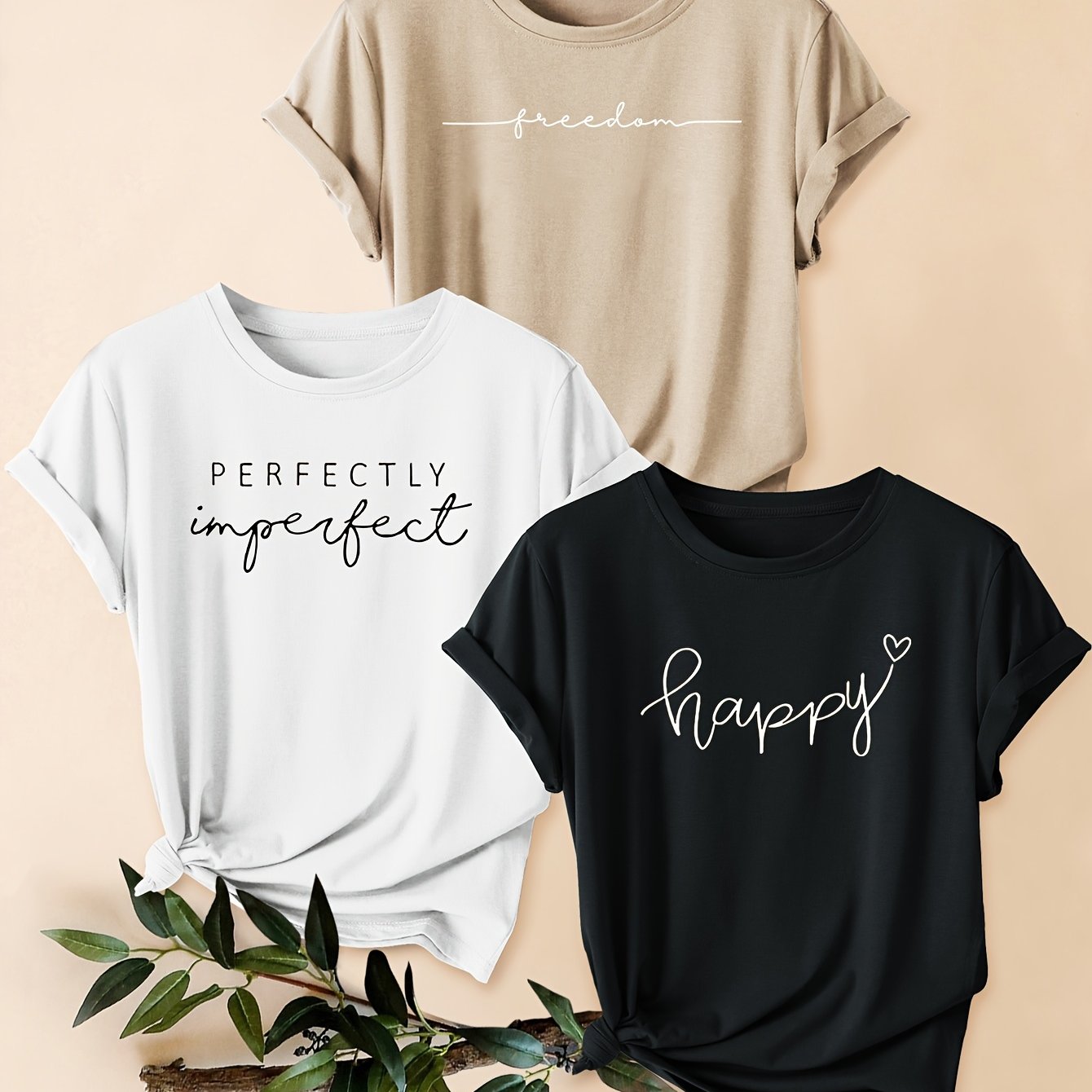 TEMU Three-pack Women's Minimalist Letter Print Short Sleeve Happy Round Neck Casual Loose Fit Summer T-shirt, Fashionable Vacation Daily Versatile