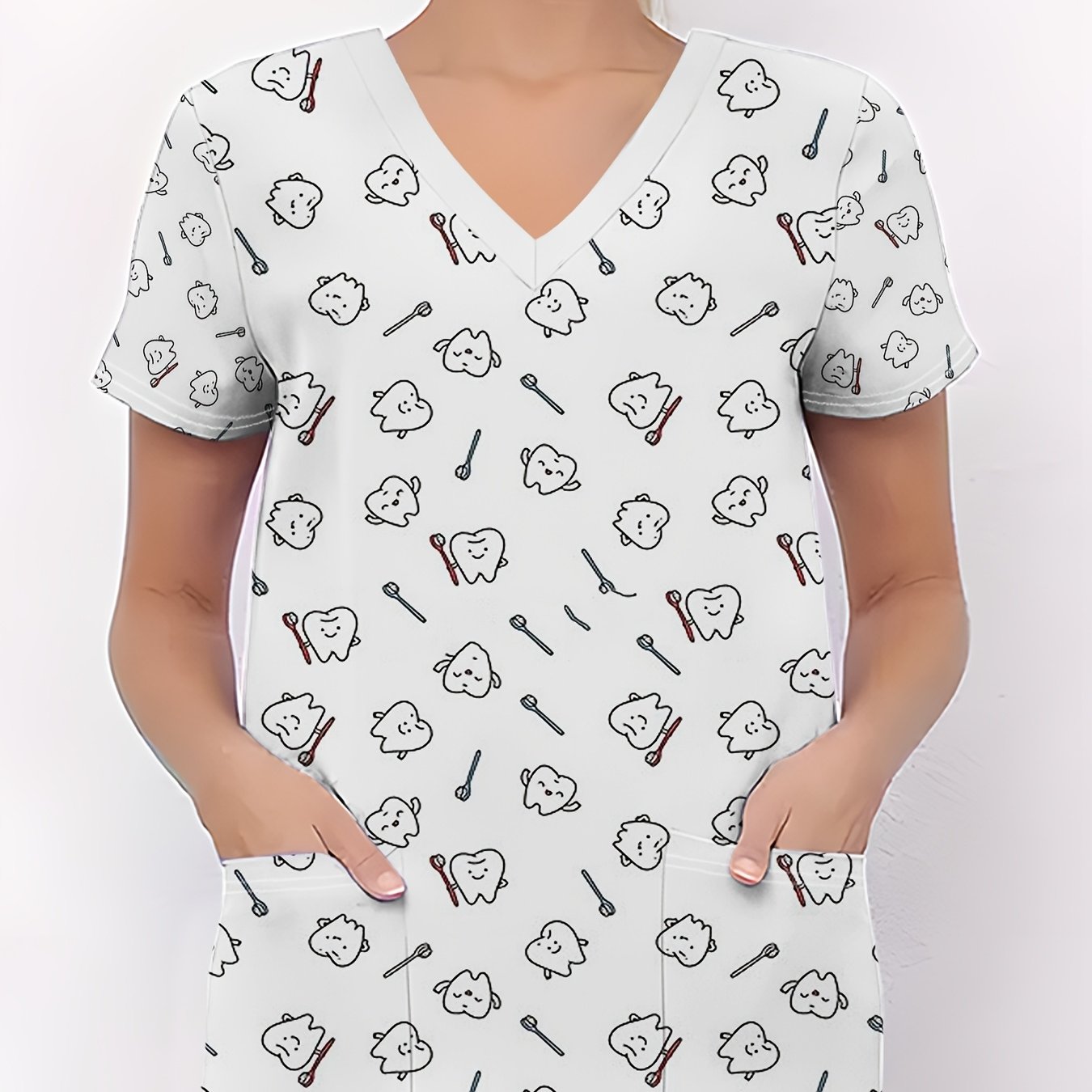TEMU Women's T-shirt, Women's Nurse Uniform, Seamless Cartoon Teeth And Dental Tools Pattern, Functional Women's Nurse Uniform, Soft And Cute Women's