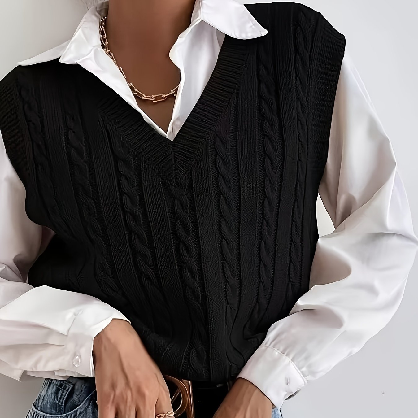 TEMU 2025 New Solid Color Pullover Sweater V-neck Academic Style Slim Fit Cropped Vest Designer Top