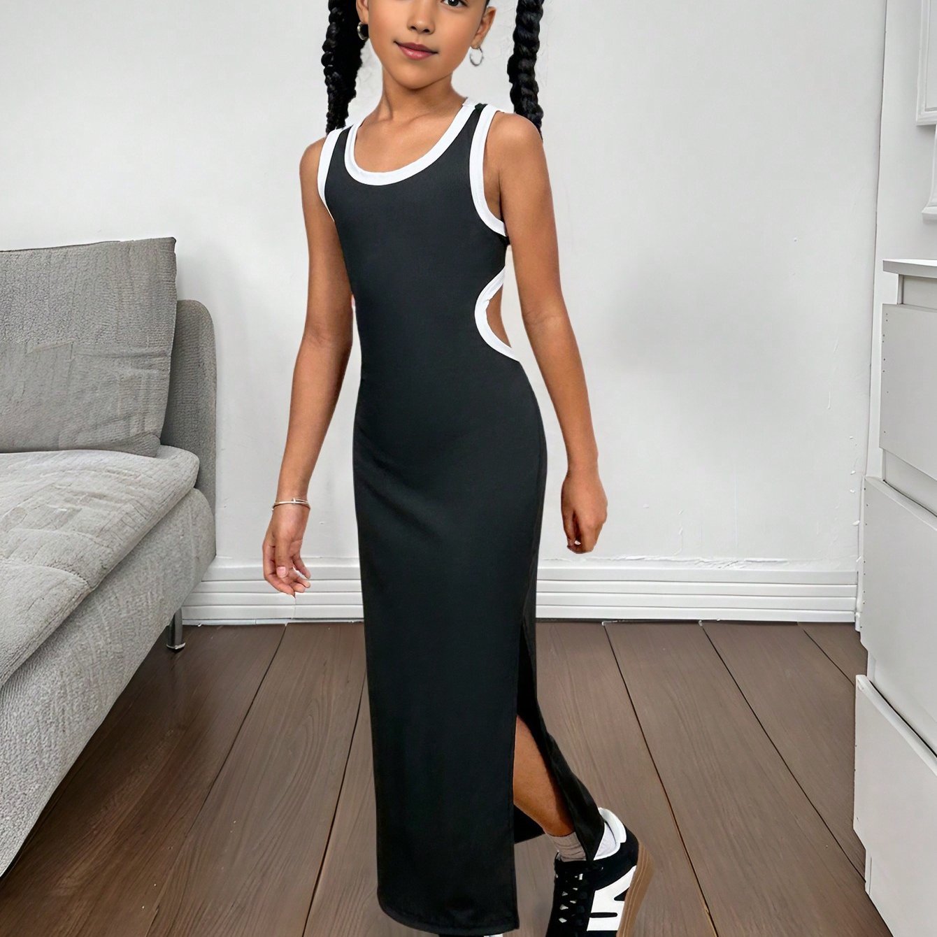 Image of Streecool A Stylish Black And Block Knit Dress For Girls, Perfect For Casual Daily Wear, Featuring A Cutout Design. A Great Match For Mothers, Daughters, And Sisters.