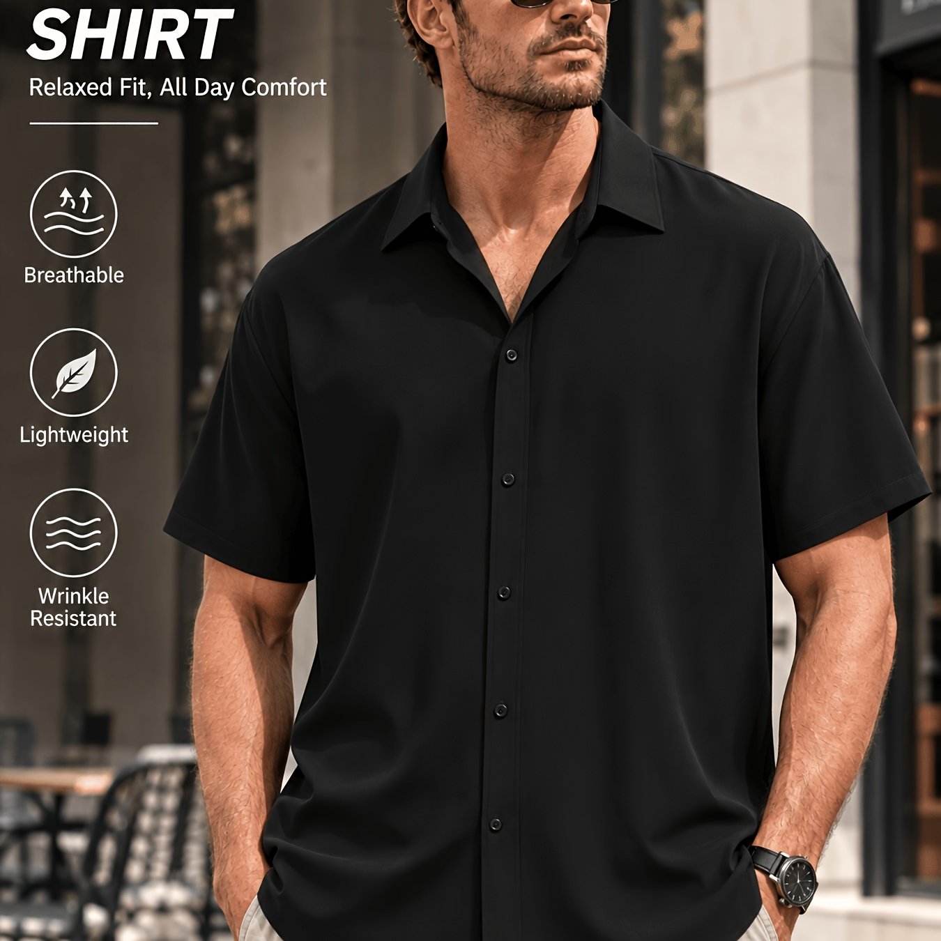 TEMU Plus Size Men's Casual Short Sleeve Button Up Shirt, Polyester Fabric Soft Comfortable Breathable For Outdoor Date Office Travel