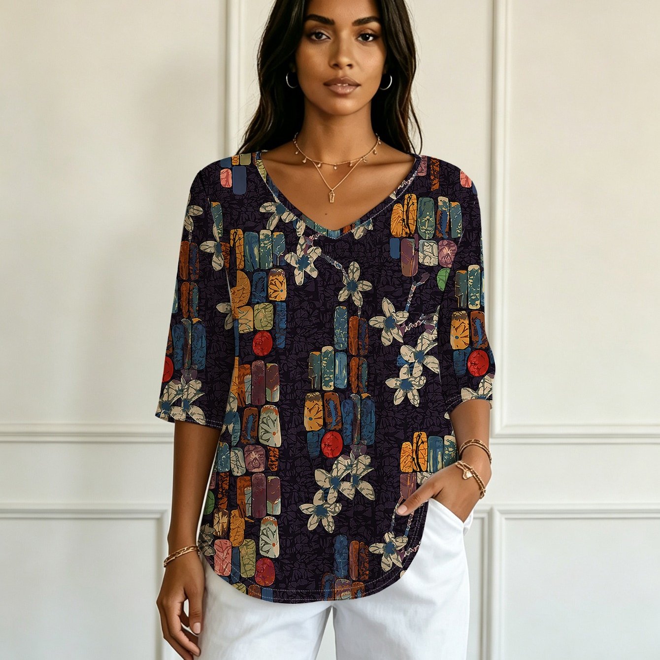TEMU Artistic And Artistic Block Pattern Printed Women's Top, V-neck, Three-quarter Sleeve, Curved Hem, Versatile Women's T-shirt