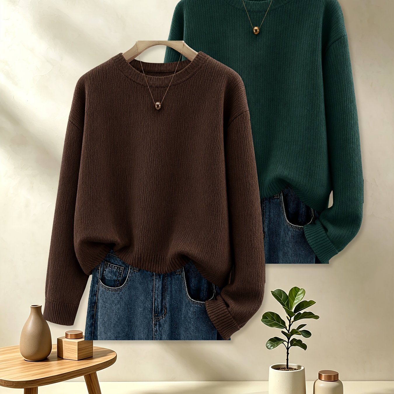 TEMU 2pcs Set Thermal Tops, Women's Crew Neck Tops For Autumn And Winter