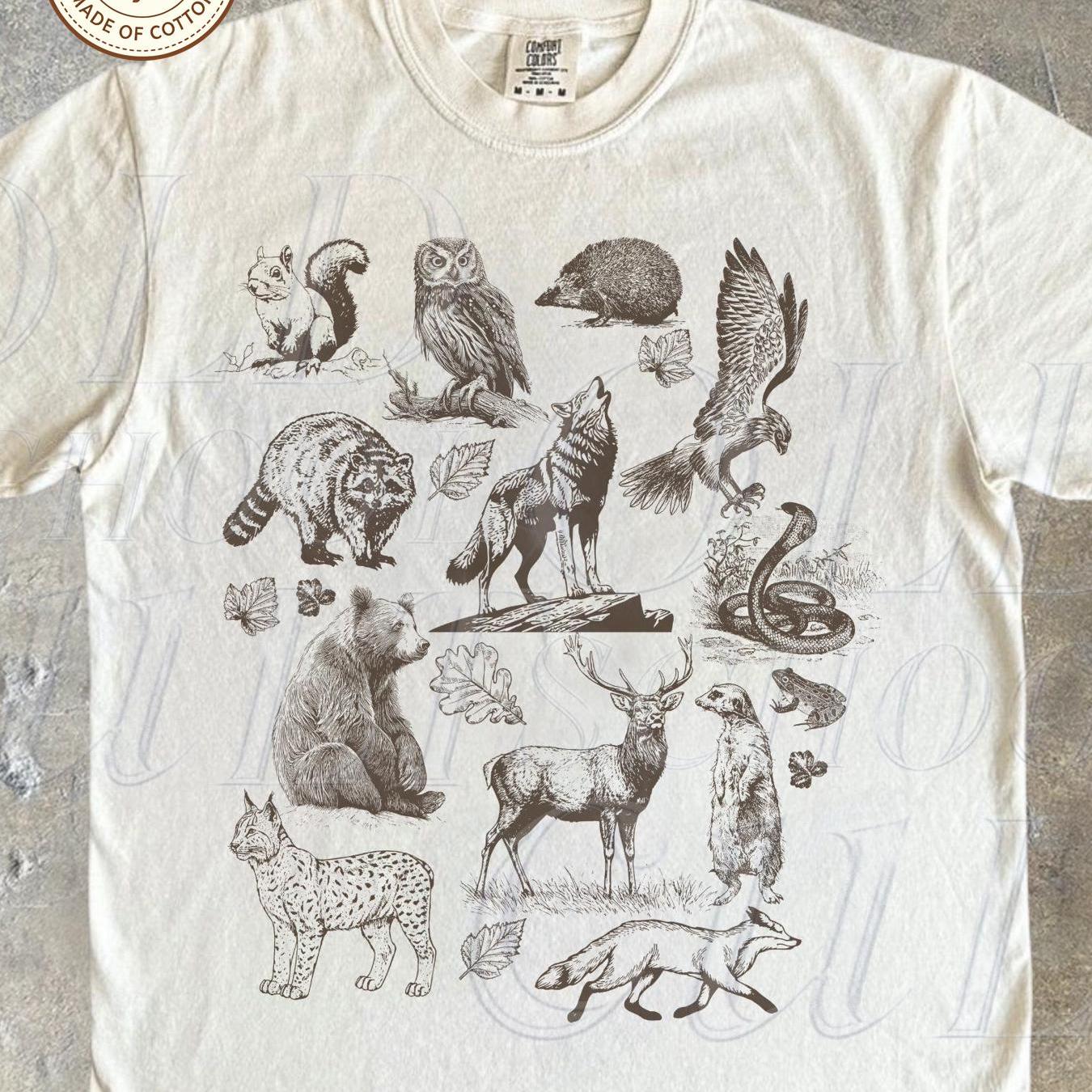 Image of T-shirt Print Vintage Forest Animals Unisex 90s Style T-shirt Retro Animal Drawing Owl Deer Wolf Snake Camping Nature Lover Top For Everyday Wear Stretched Soft Casual Streetwear Graphic Fashion Homme