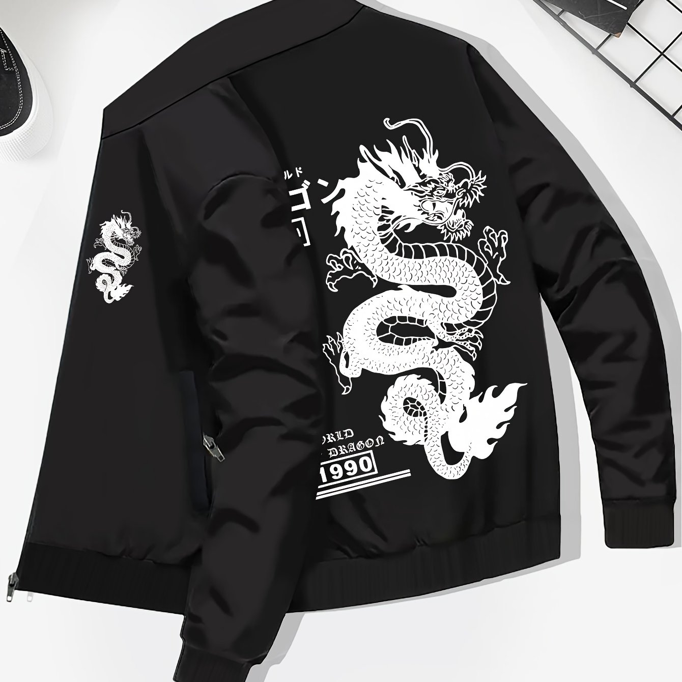 TEMU Plus Size Men's Chinese Style Dragon Graphic Print Jacket For , Band Collar Thin Outdoor Coat