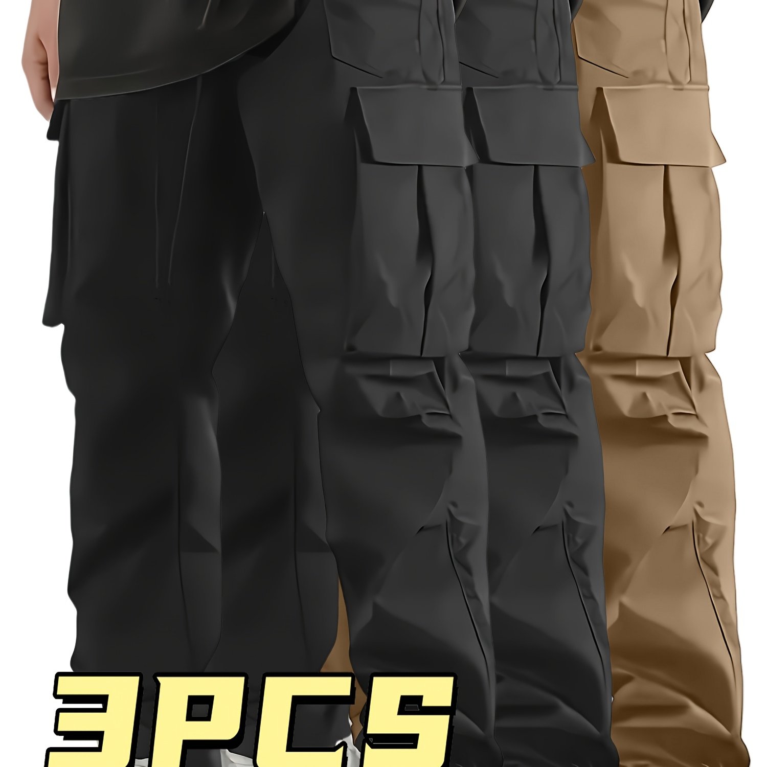 3pcs Men's Loose Straight Cargo Pants, Casual Cargo Pants, Breathable And Comfortable Loosestraight Trousers, With Multiple Pockets, Comfortable In - Hiking, Fishing, Angling, Casual Outdoor Trousers