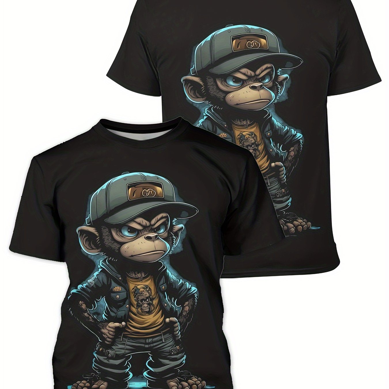 TEMU Men's Cartoon Monkey Print T-shirt, Casual Short Sleeve Crew Neck Tee, Men's Clothing For Outdoor