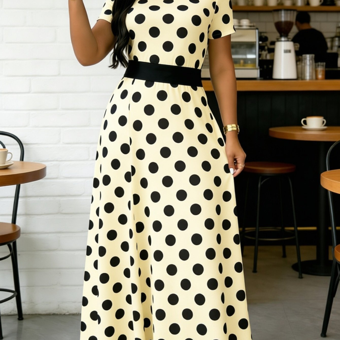 Image of Plus Size - Large Size 2026 New Women's Large Size White Polka Dot Printed Long Dress, Short Sleeve Round Neck Loose And Thin, Classic Cute Commuter Beach Party Dress 0xl-8xl Casual