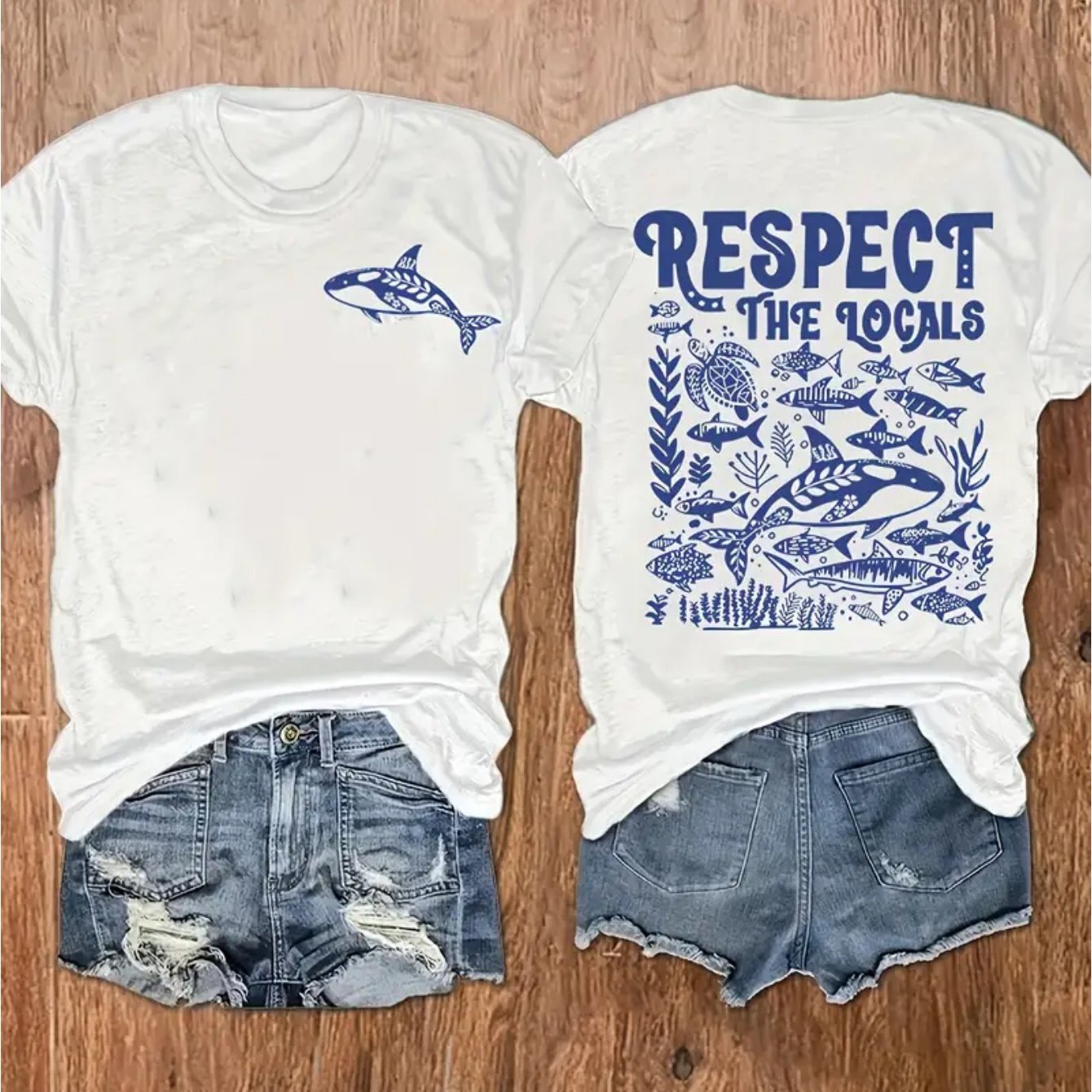 Image of 1pc 180g Marine Animal Print Round Neck T-shirt, Double-sided Ocean-themed Cartoon Design, Casual Short-sleeve Top For , Machine Washable, Trendy & , Cruise T Shirts