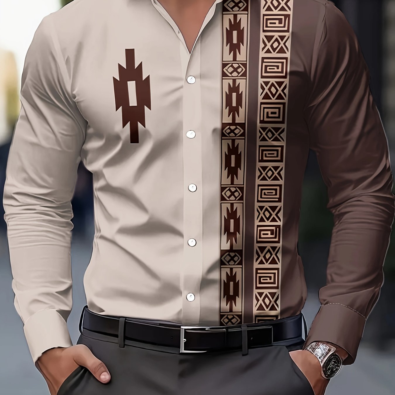 TEMU 2025 Tribal Print Men's Casual Long-sleeve Shirt With Collar, Suitable For Halloween, Christmas, And Chinese New Year