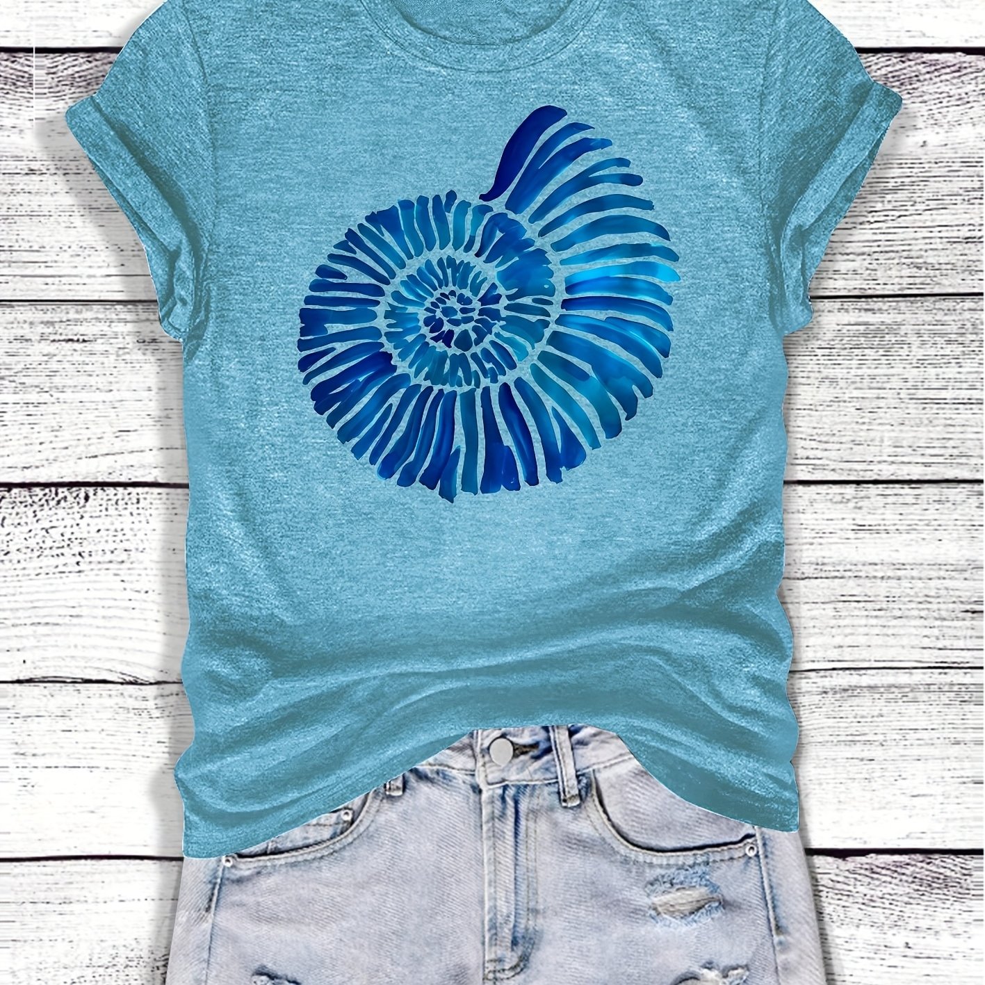 E-shop Mysteriöse Blaue Schnecken-Print Rundhals Casual Vintage-Stil Damen Frühling/Herbst Freizeit Sportliches T-Shirt, Kurzarm, Mehrere Farben
