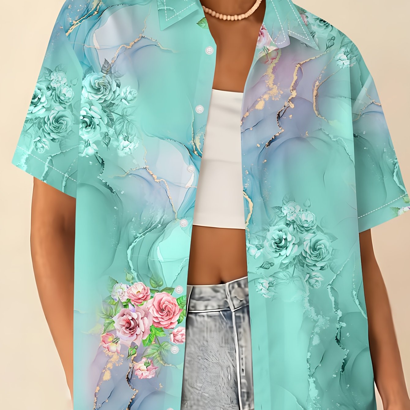 TEMU Fashion Women's Clothing French Gentle Style Fresh Green Rose Print Summer Atmosphere Outfit Essential [printed Design - Not Textured]