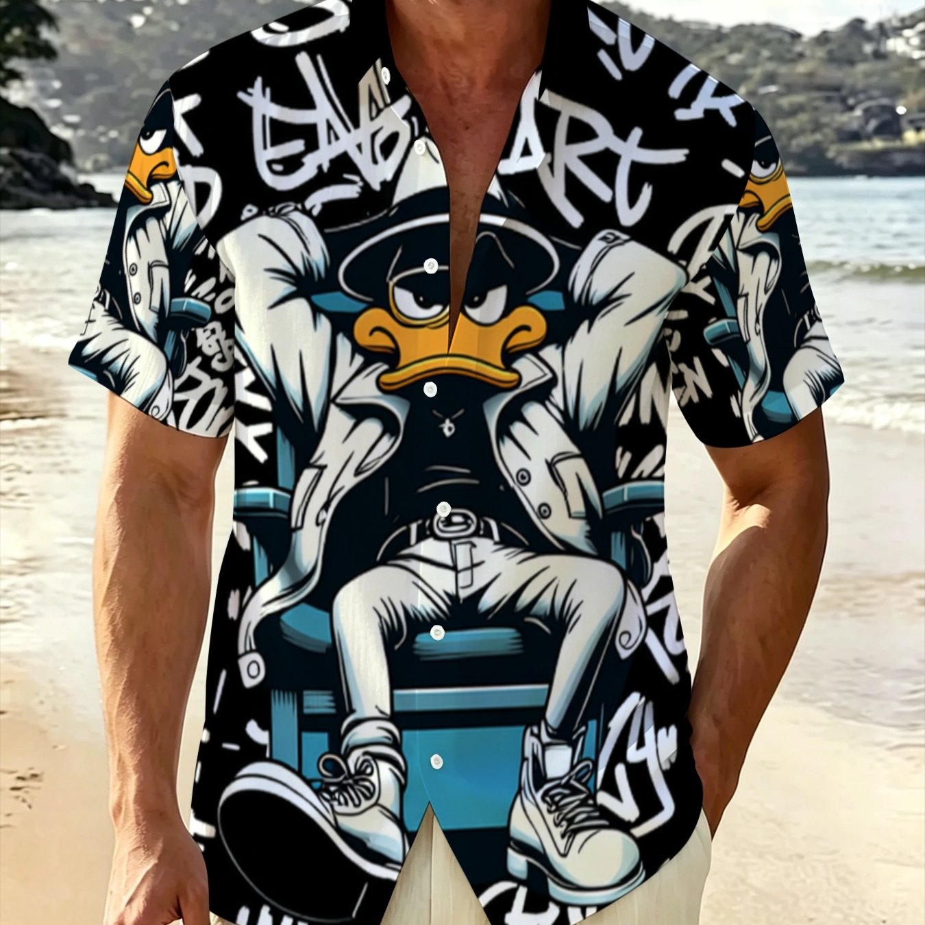 TEMU Men's Cartoon Print Hawaiian Shirt, Short Sleeve Casual Beach Shirt, Summer Fashion Lapel Top, Plus Size