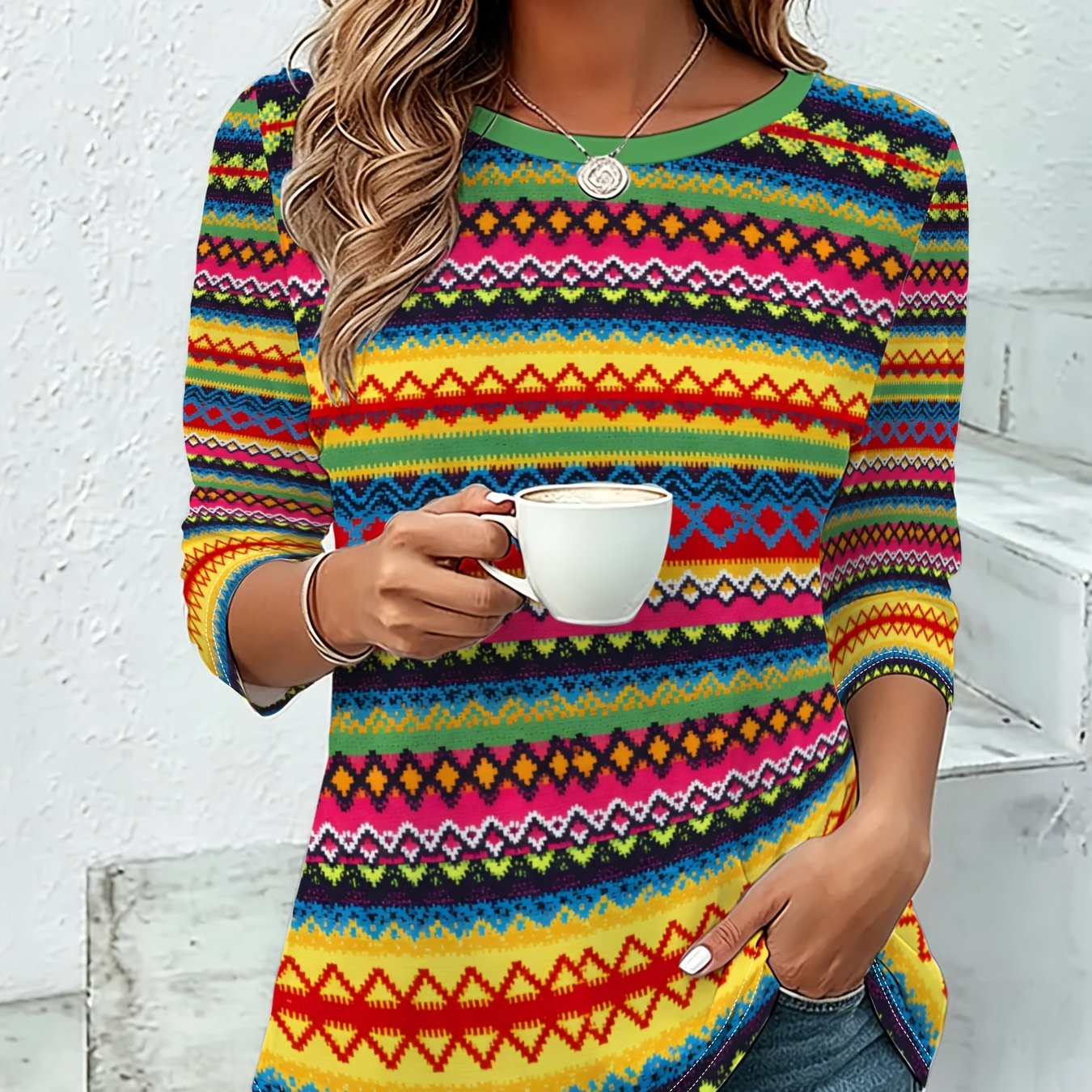 TEMU Women's Fashion T-shirt, Color: Mixed, Sizes: Multiple Options , Polyester Material, Vibrant Striped Ethnic Pattern, Suitable For Daily