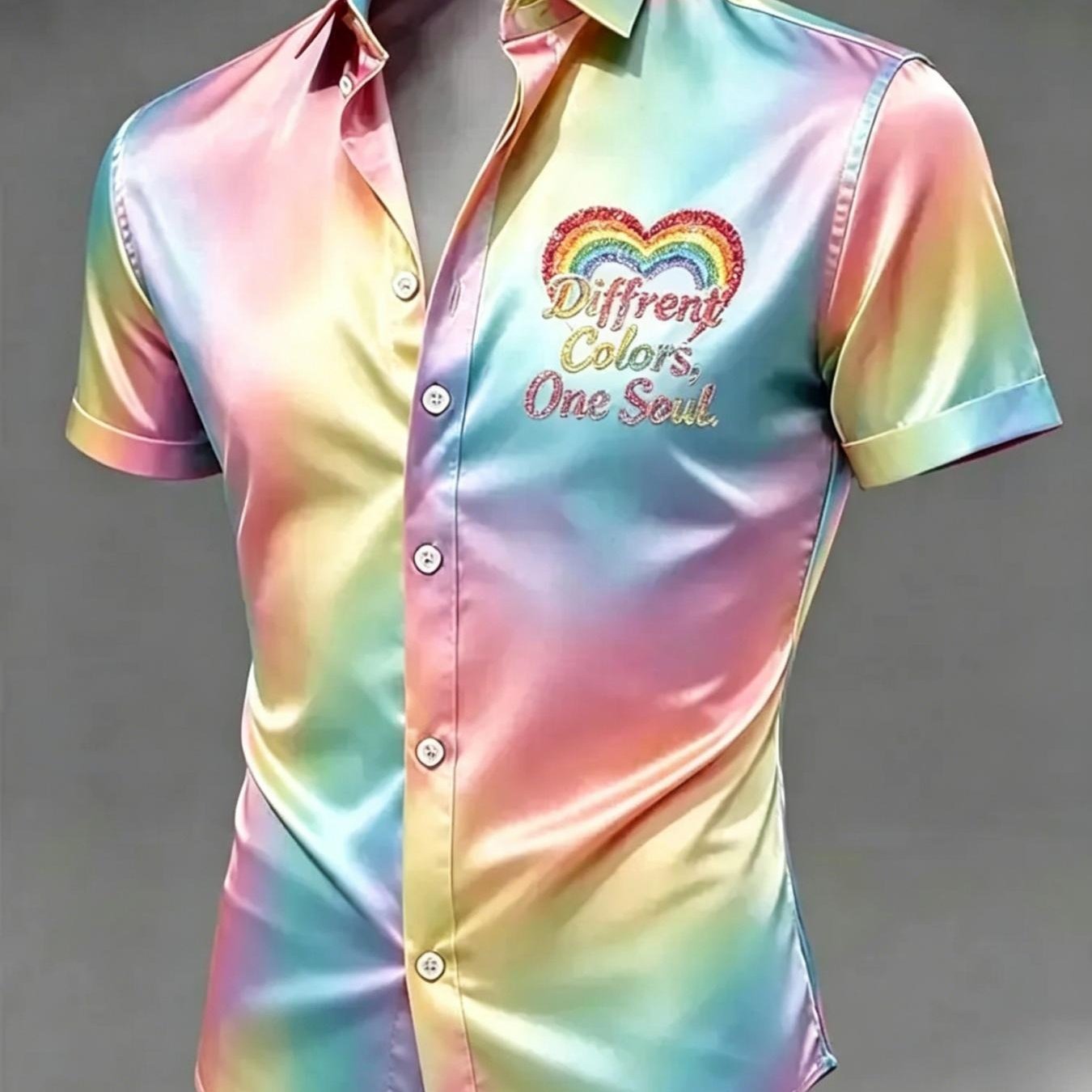 ' Gradient Heart Sequin Print Short Sleeve Shirt Comfortable Breathable For Daily Dating Outdoor Street Wear Ideal Gift For Men