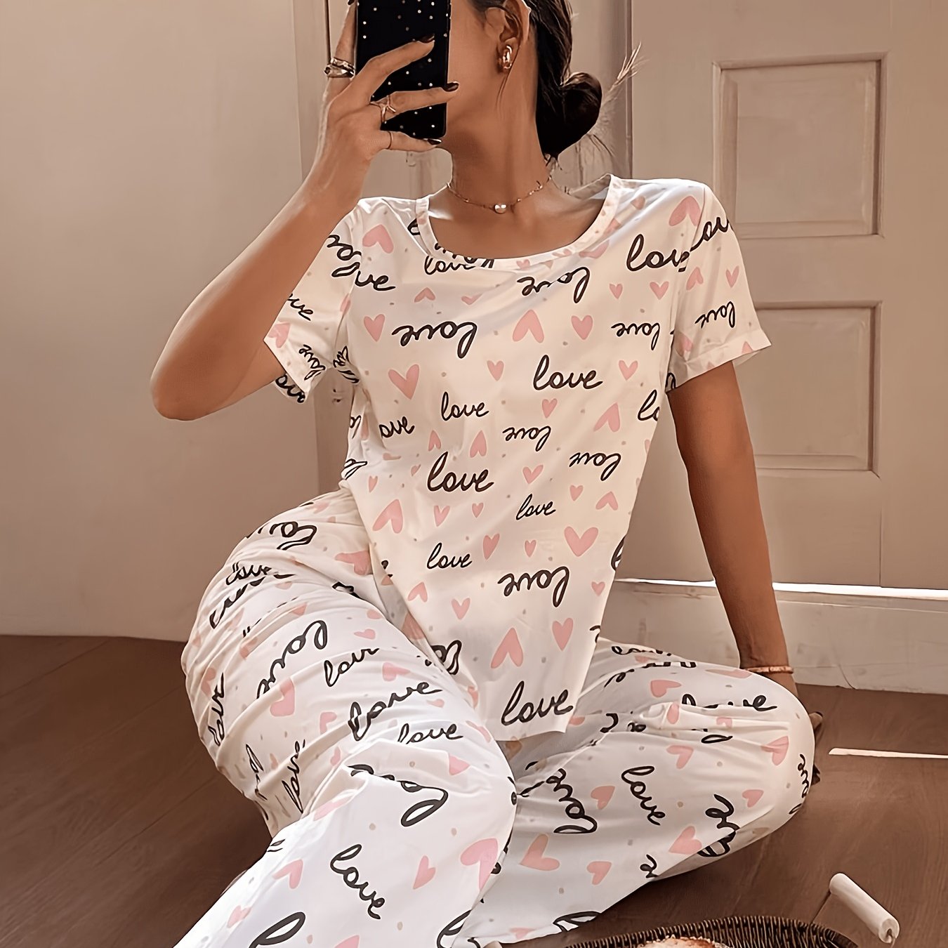TEMU Pijama para mujer. Conjunto de pijama estampado para mujer. Una cómoda camiseta de cuello con pantalones de cintura elástica es la elección