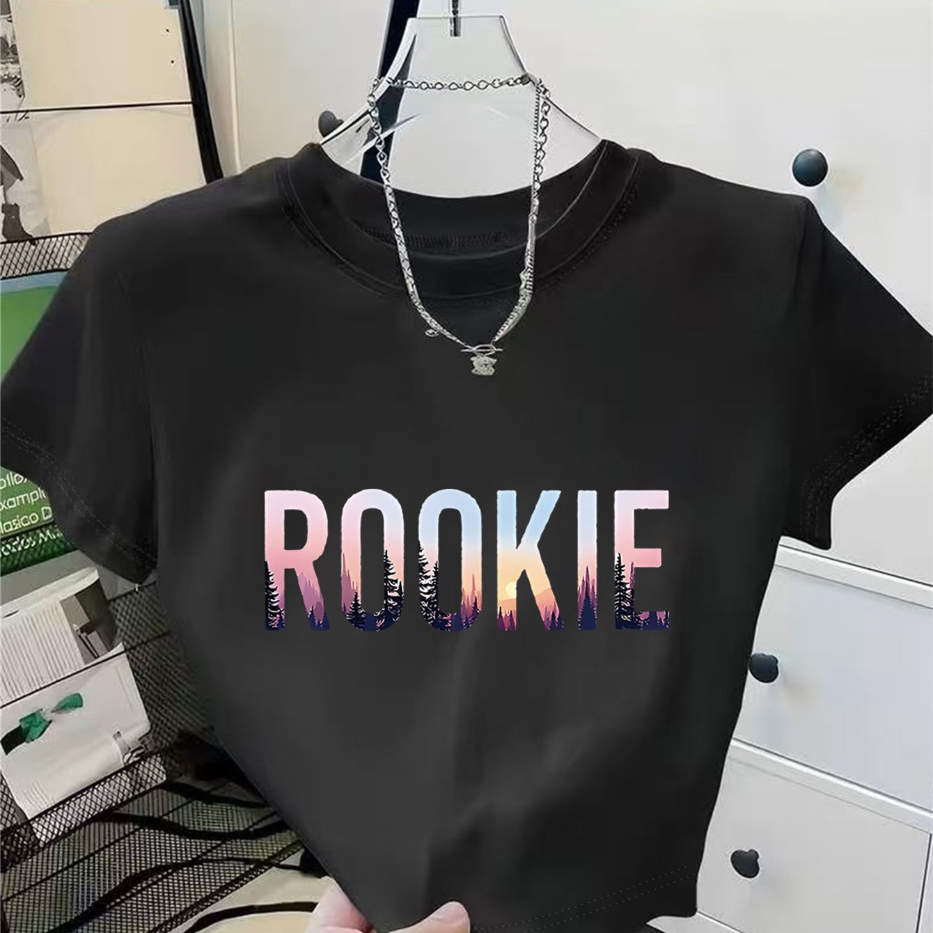 TEMU 1pc Women's Rookie Letter Forest Print Short T-shirt, Easy And Versatile Summer Fashion Single Item, , The Most Gift