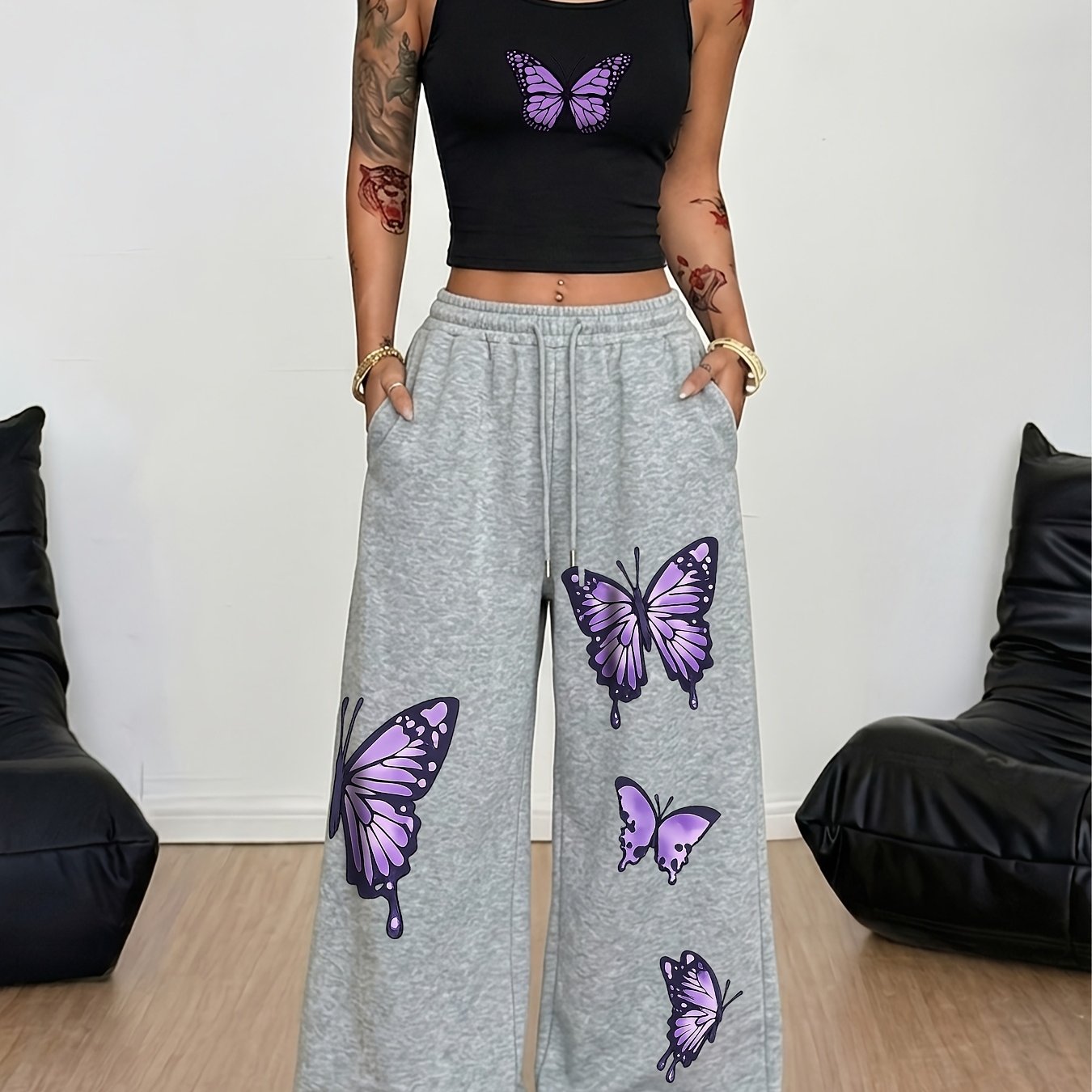 TEMU Y2k Aesthetic Two-piece Set, Women's Fitted Vest And Wide-leg Pants, Purple Print, Streetwear, Casual And Concert Leisure Outfit