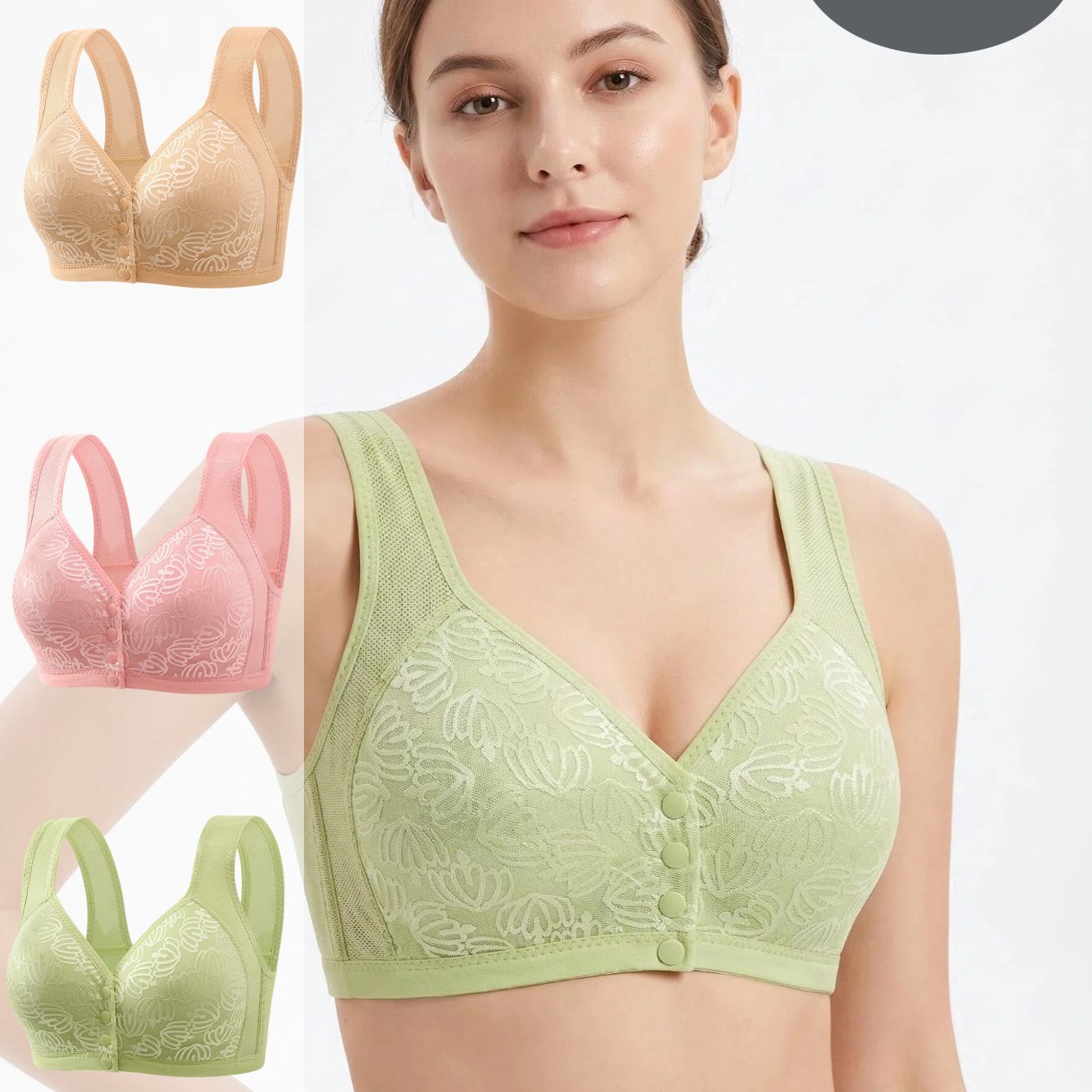Image of 3pcs Women' Plus Size -free Lace Bras - Front Closure Full-coverage Non-detachable Cups, Breathable Summer Suitable For Sensitive, Casual Attire & Layering, Hand Washable Comfortable Underwear