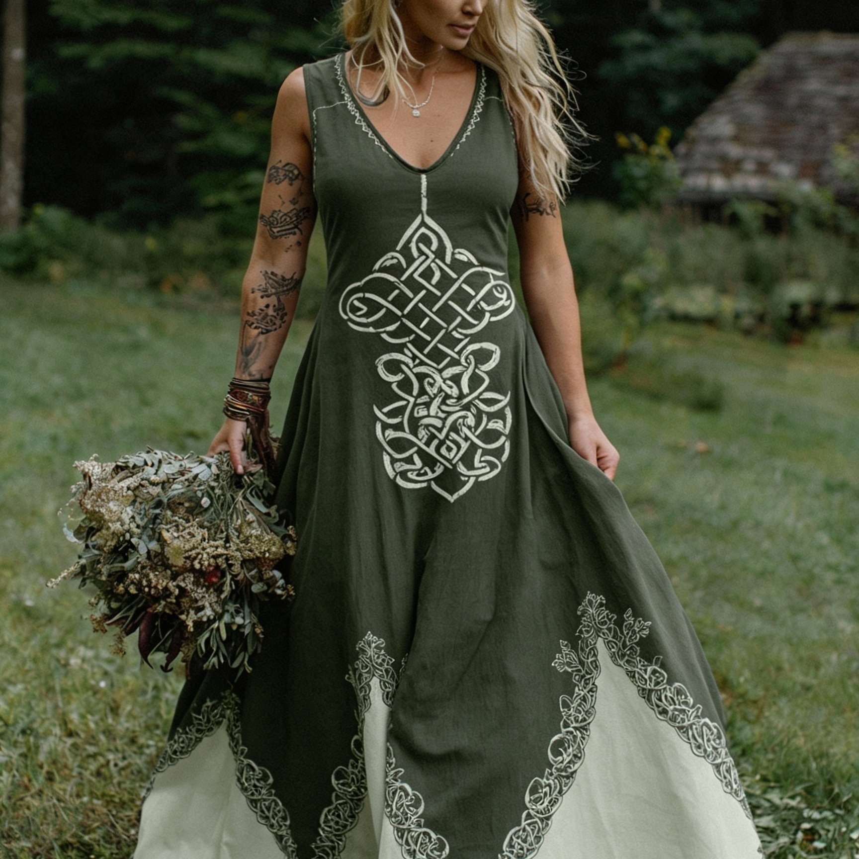 Plus Size, A Plus-size Elegant Women's Summer, Refreshing And Simple Sleeveless Dress With Contrasting Color Celtic Knot Pattern Printing