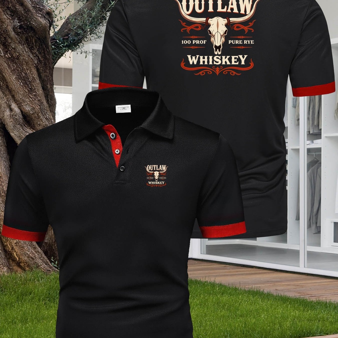 TEMU Men's Outlaw Whiskey Graphic Shirt - Lapel Collar Short Sleeve With Longhorn Skull Print, Fabric Suitable For Summer, Casual Outdoor Wear, Gym &