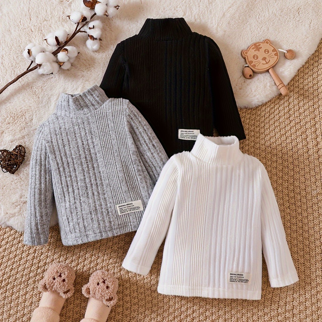 Baby Boy Versatile For Autumn And Winter Season Solid Color High Neck Pit Stripe Base T-shirt Zhangzai 3pcs Set Friendly Fabric Comfortable Warm Boy Versatile Baby Boy High Neck Sweater Outfit
