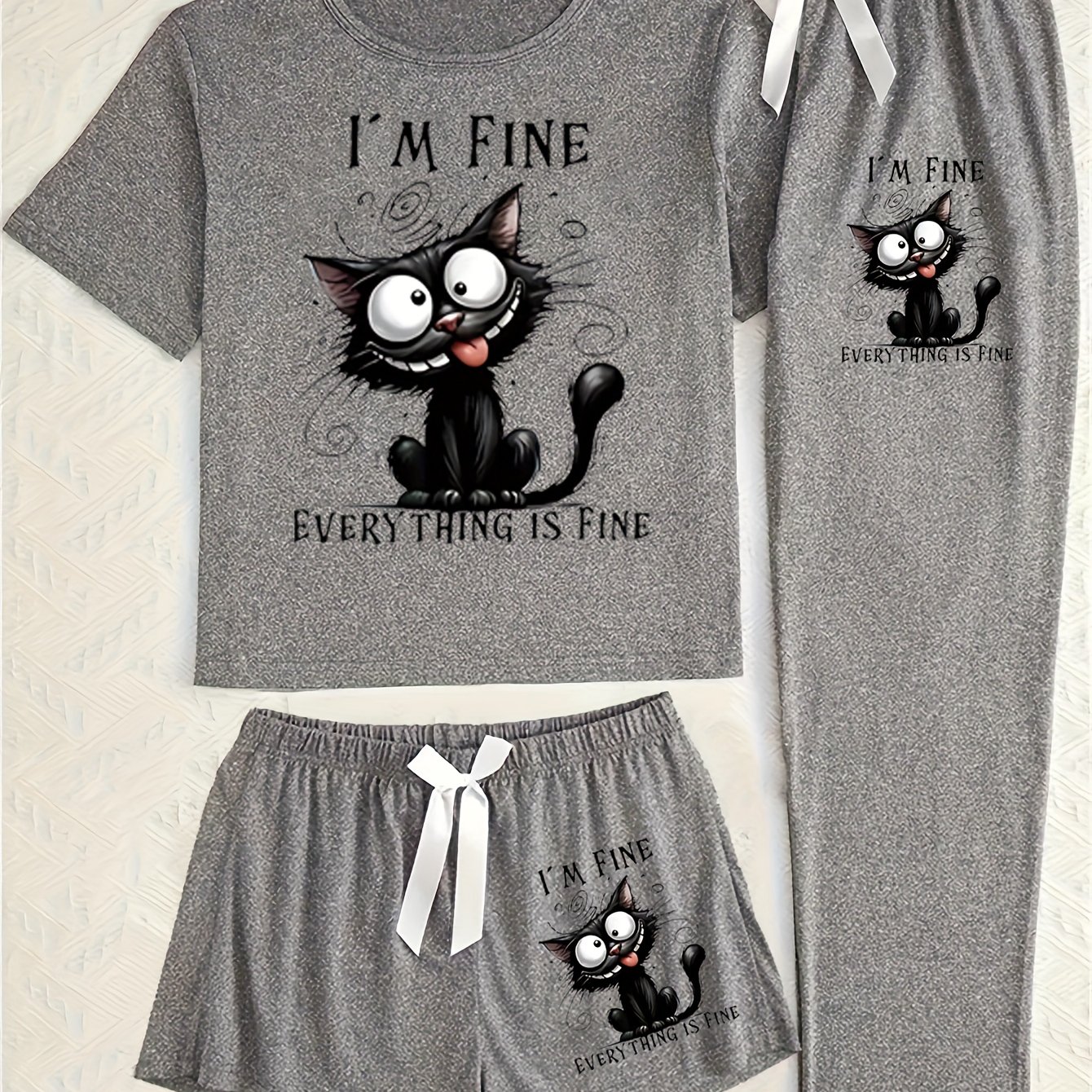 E-shop Cartoon Katzen Print Pyjama, ein dreiteiliges Set für lässige Freizeitkleidung, das elegant, bequem und vielseitig für Damenmode ist (inklusive
