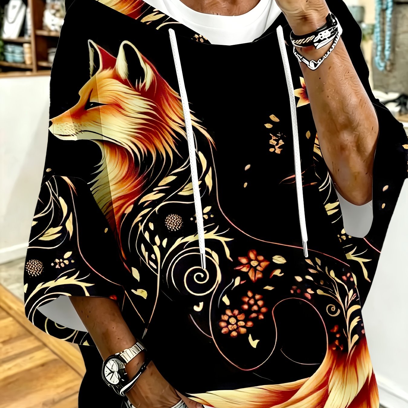 TEMU Plus Size, Plus-size Women's Hoodie, Print Loose Drop-shoulder Sleeve Hooded Sweatshirt, Style Plus-size Women's Fox Floral Sweatshirt