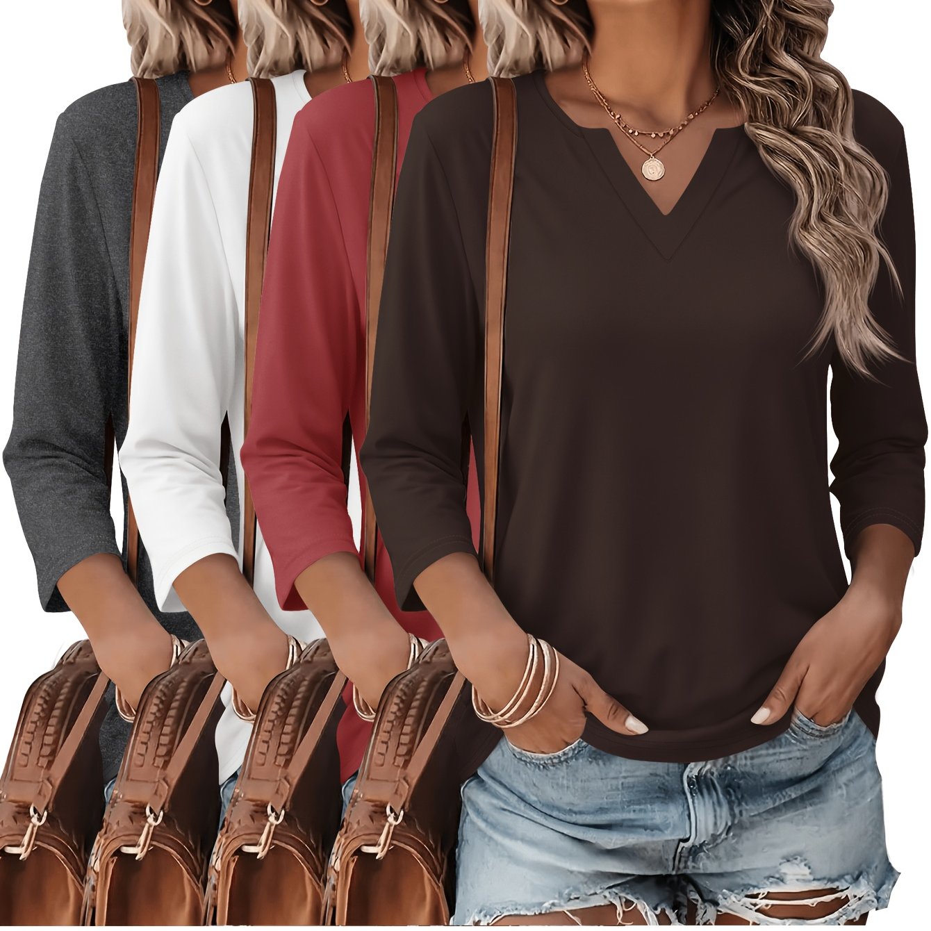 TEMU Autumn Casual Fashion Solid Color V-neck 3/4 Sleeve T-shirt 4pcs Set