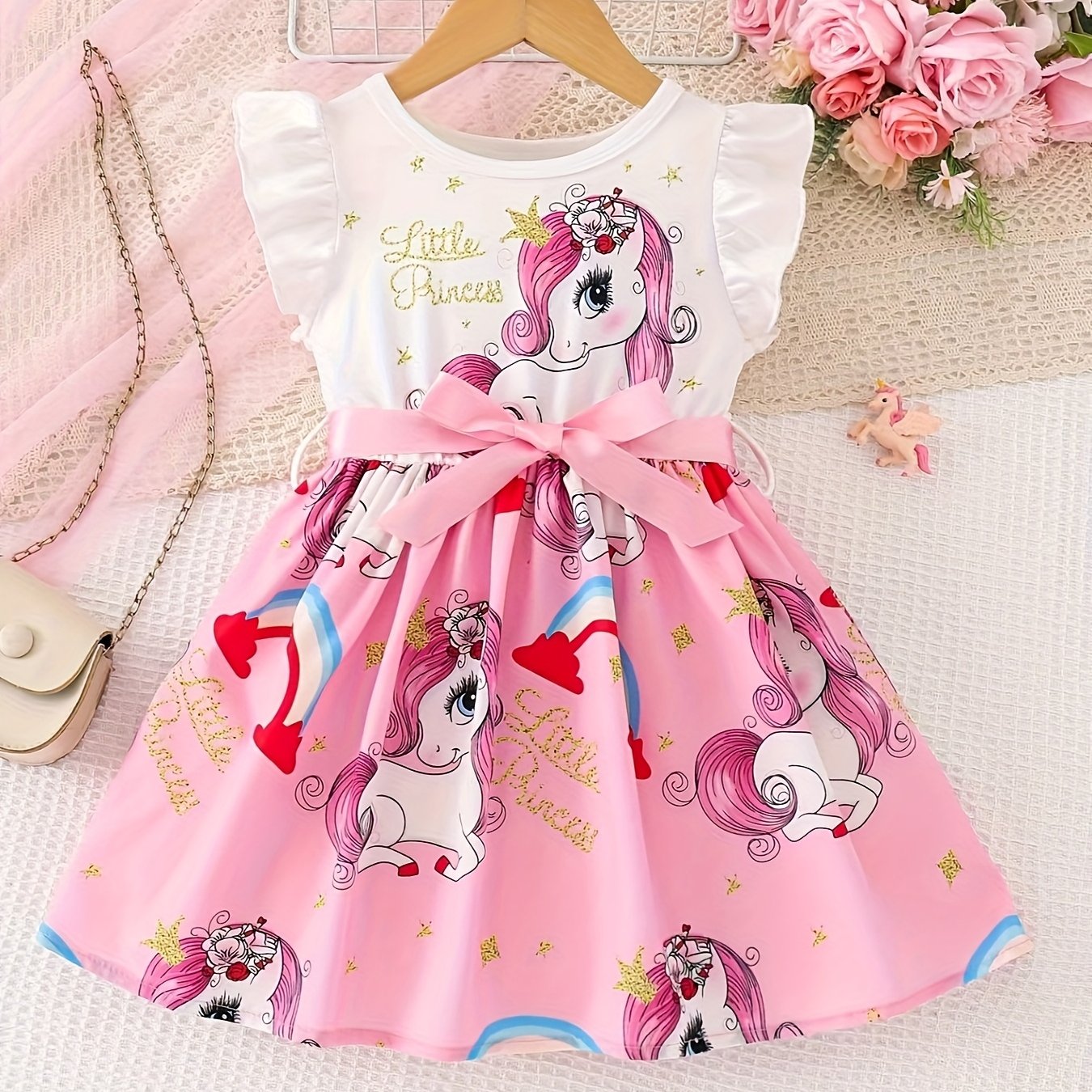 Image of Girls' Cute Unicorn Print Ruffle Sleeve Dress With Belt, Suitable For Casual Vacation Parties And Outdoor Wear