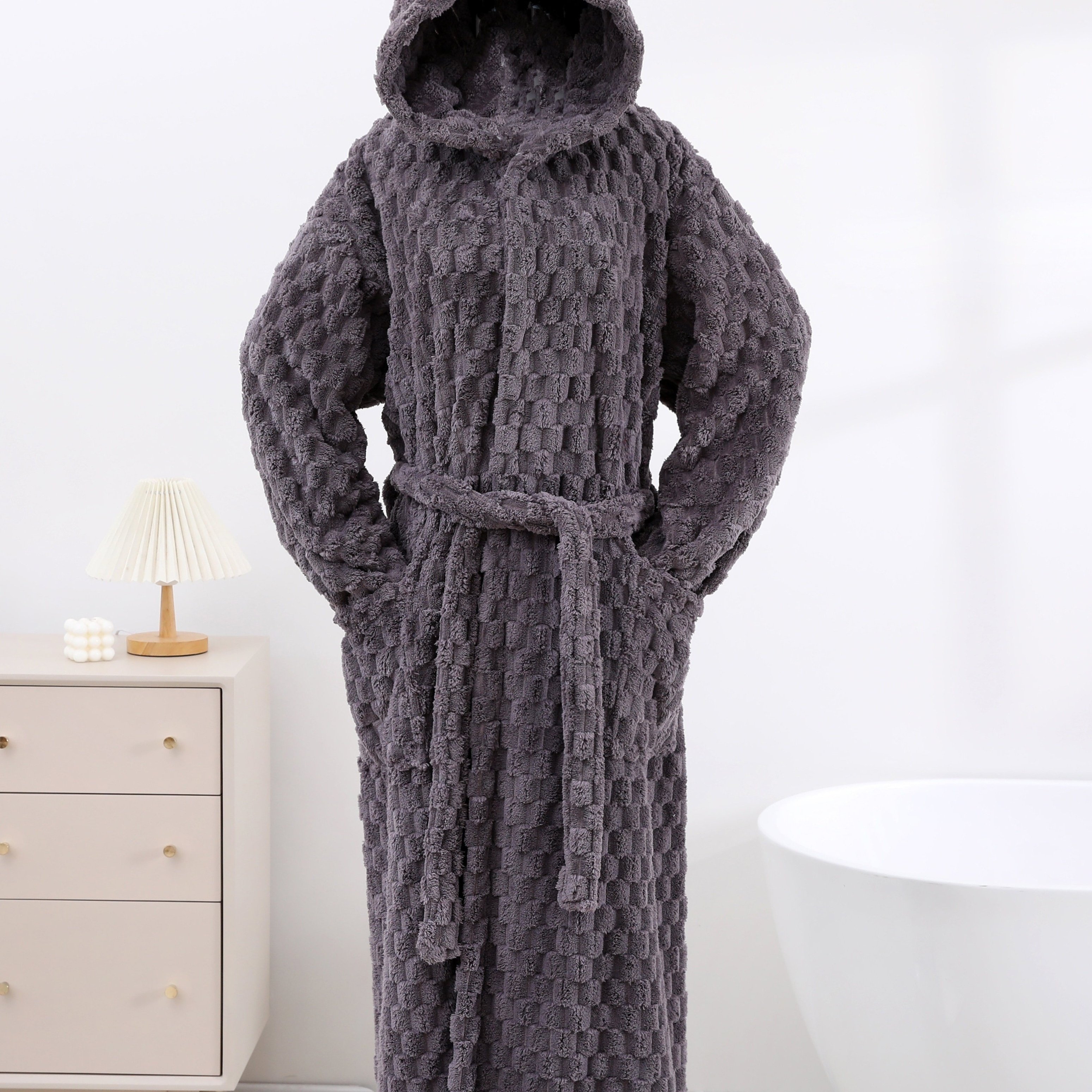 Image of 1pc Coral Fleece 3d Texture Men's Hooded Bathrobe Casual Soft Absorbent For Bathroom Bedroom Pool, Size Size, Suitable For Height 170-190cm