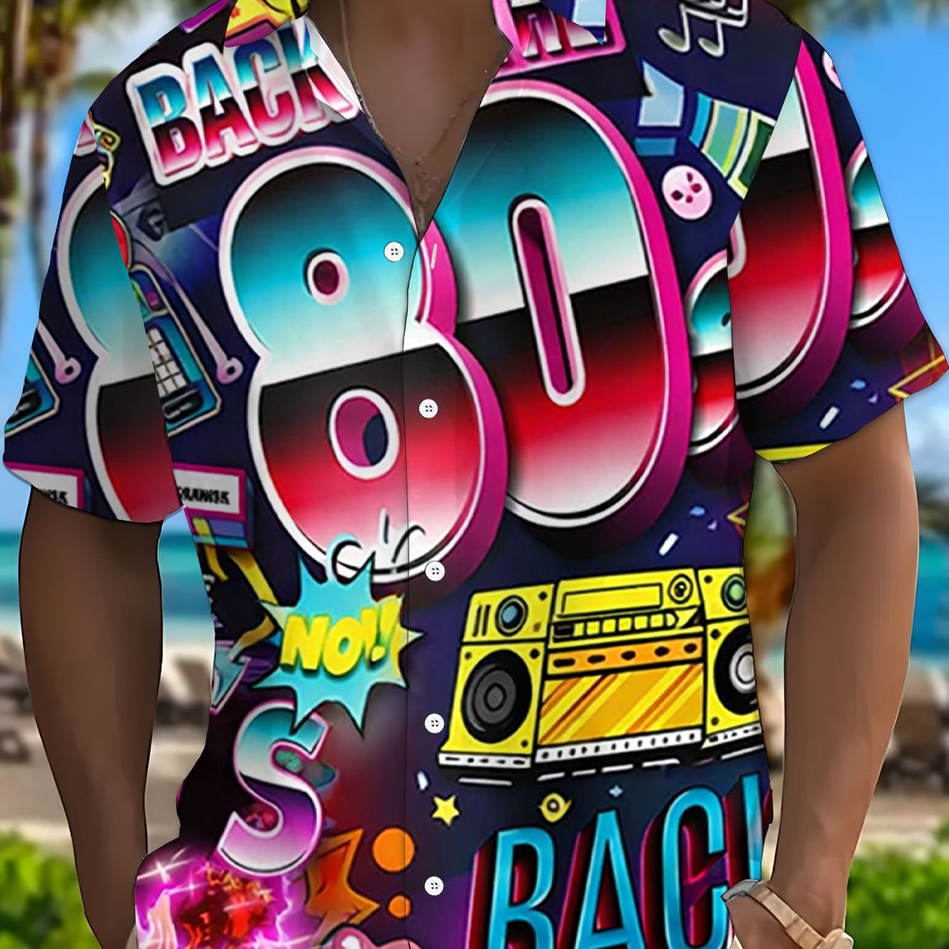 TEMU Plus-size Short-sleeve Shirt For Men, Fashionable Trendy Pattern Short-sleeve Shirt, 80s Retro Colorful Poster, Stylish And Sophisticated,
