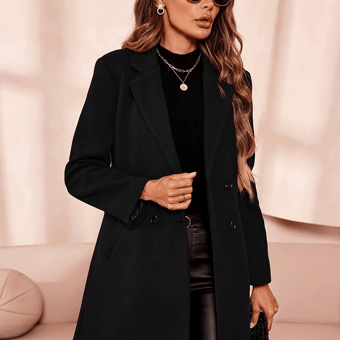 TEMU Reversblättrige, elegante Blazerjacke für Damen mit eingekerbtem Revers, langen Ärmeln mittlerer Länge, modische Freizeit- Büro-Oberbekleidung