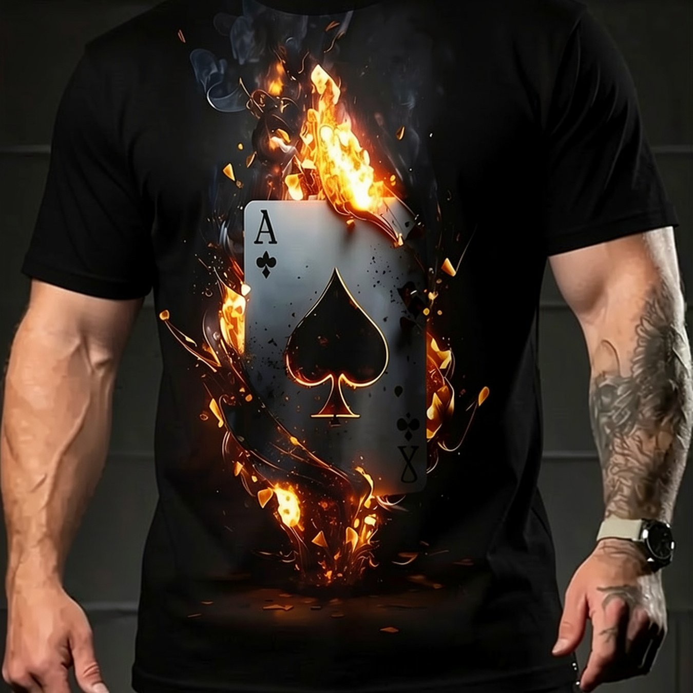 Image of [everyday ] Men's Summer Casual Sports T-shirt - 3d Flame And Spade A Print, Short Sleeve, Round Neck, Lightweight, Ideal For Leisure Activities, Summer Tshirt|edgy Graphic Tee|smooth Texture