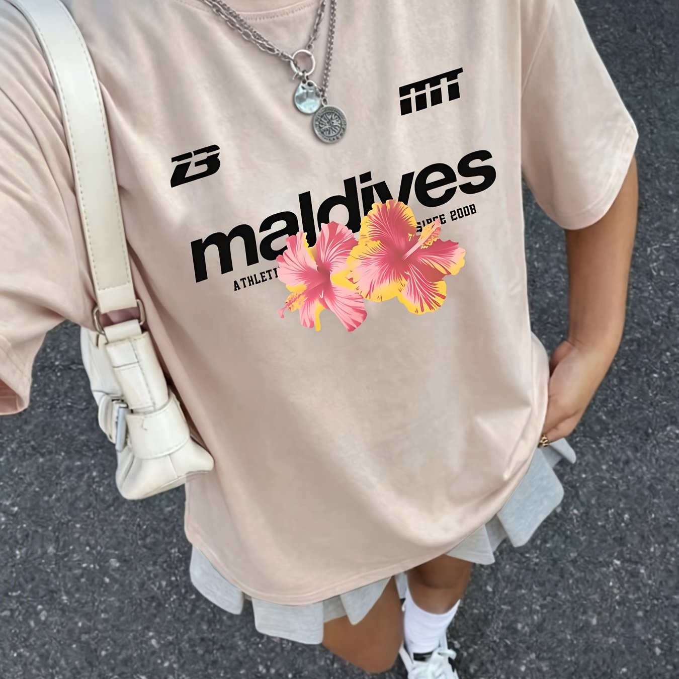 TEMU Y T-shirt, Floral And Letter Print, Trendy Loose-fit Casual T-shirt, Short-sleeve Crewneck Casual Top, High-quality Apparel, Versatile Commuting