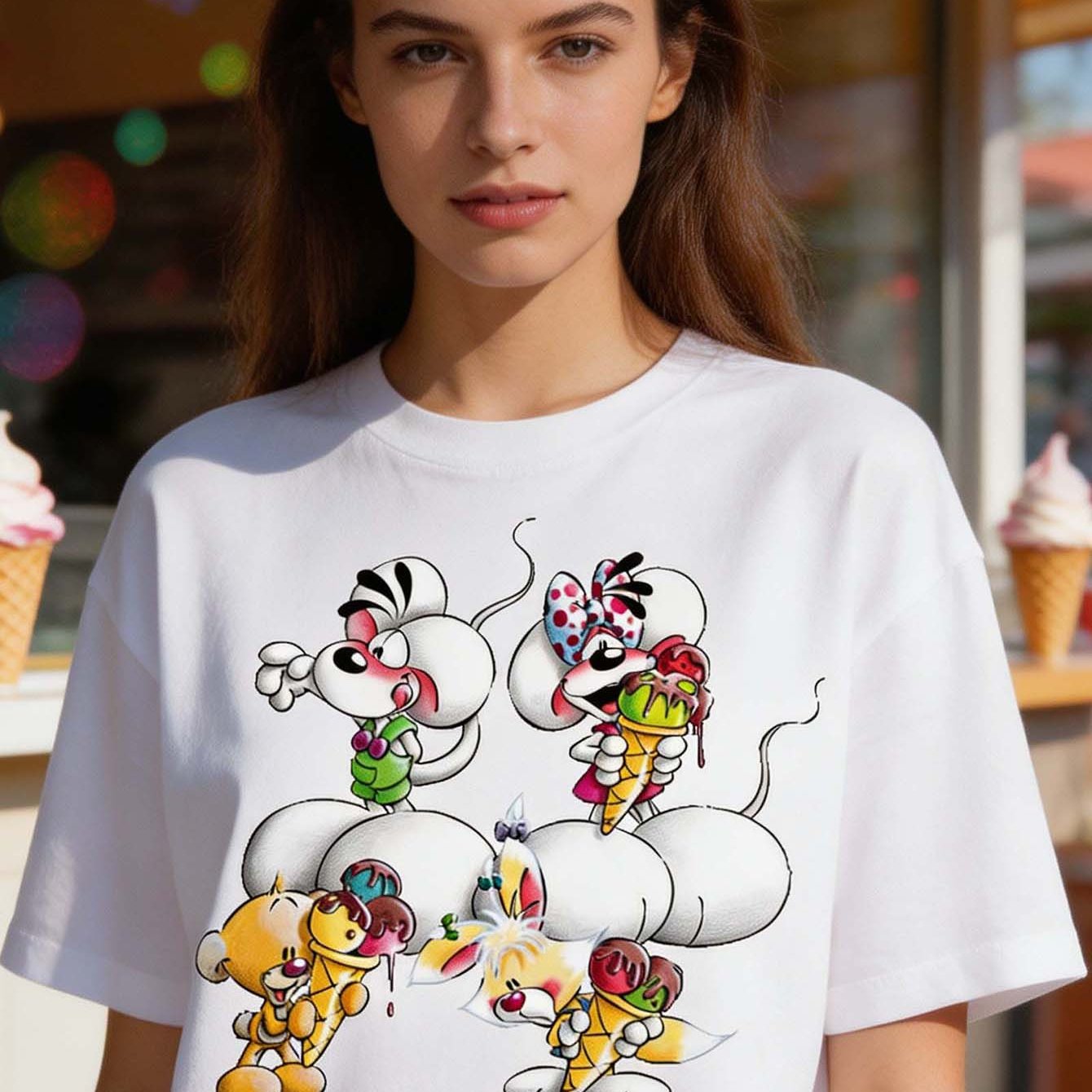 Cartoon Mouse Ice Cream Print Women's Loose T-shirt Casual Short Sleeve White Round Neck Daily Wear Tee Festival Gift