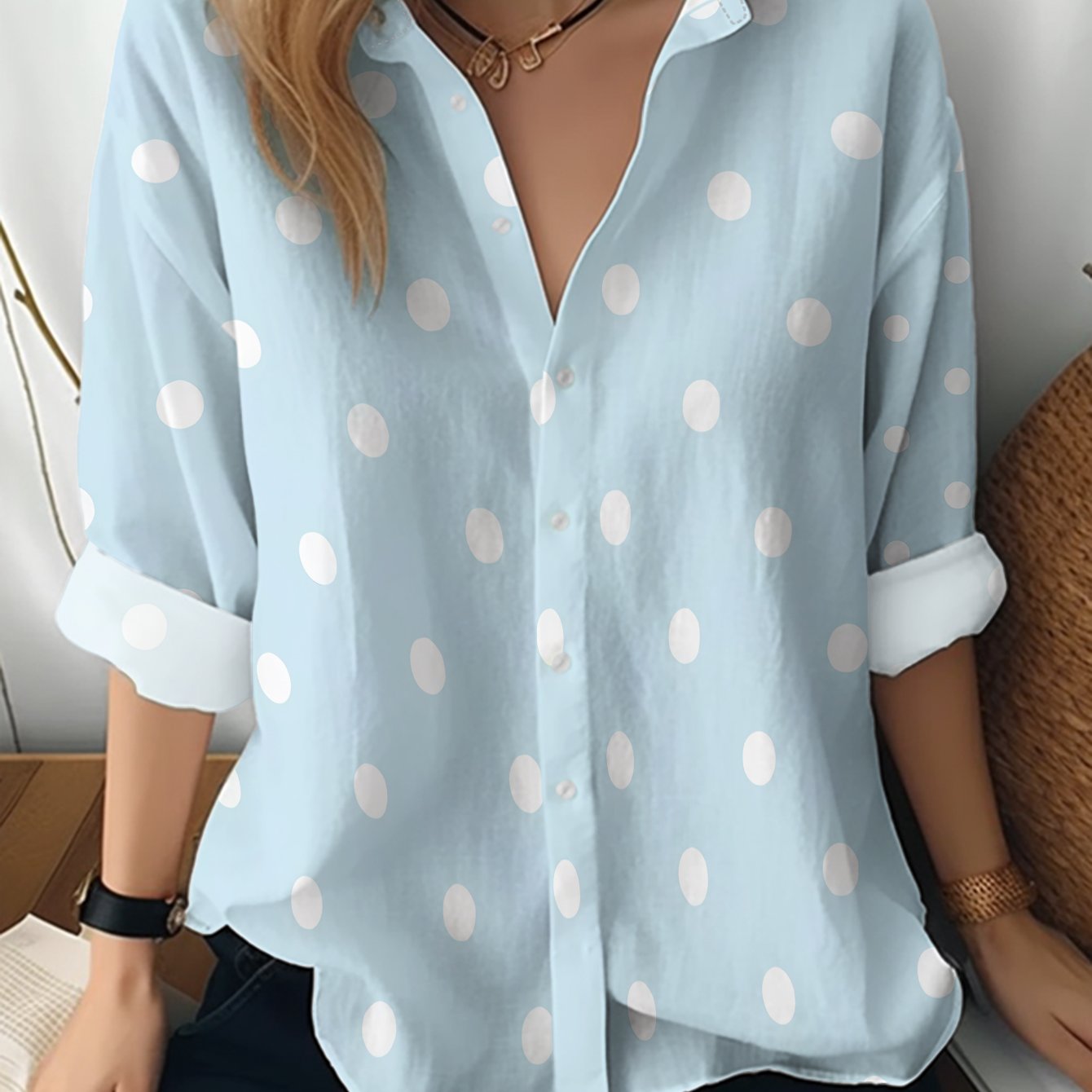 TEMU New Women's Long Sleeve Shirt With Light And White Polka Dots, Fresh And Cute Pattern, Versatile Casual Top For Holidays, Commuting, And