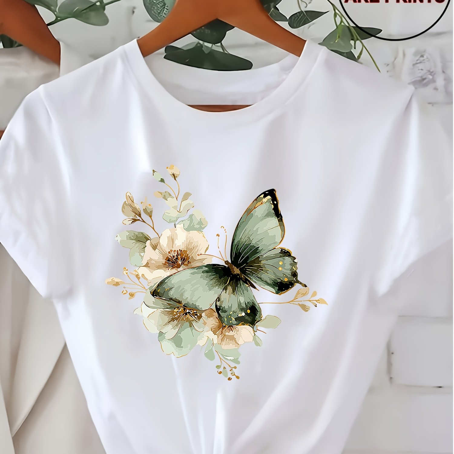 TEMU Women' Casual T-shirt, Green-blue With Golden Accents & Light Floral Print, Polyester Soft Breathable Top In Multiple Specifications , Ideal For