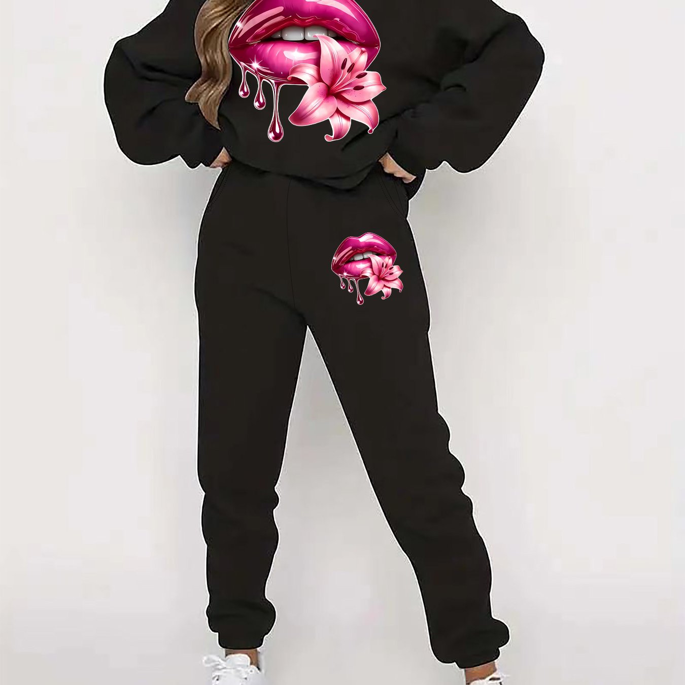 TEMU Women'-piece Set Featuring A Round Neck Sweatshirt And Pants, Designed With Prints, Suitable For Autumn And Winter With Fleece