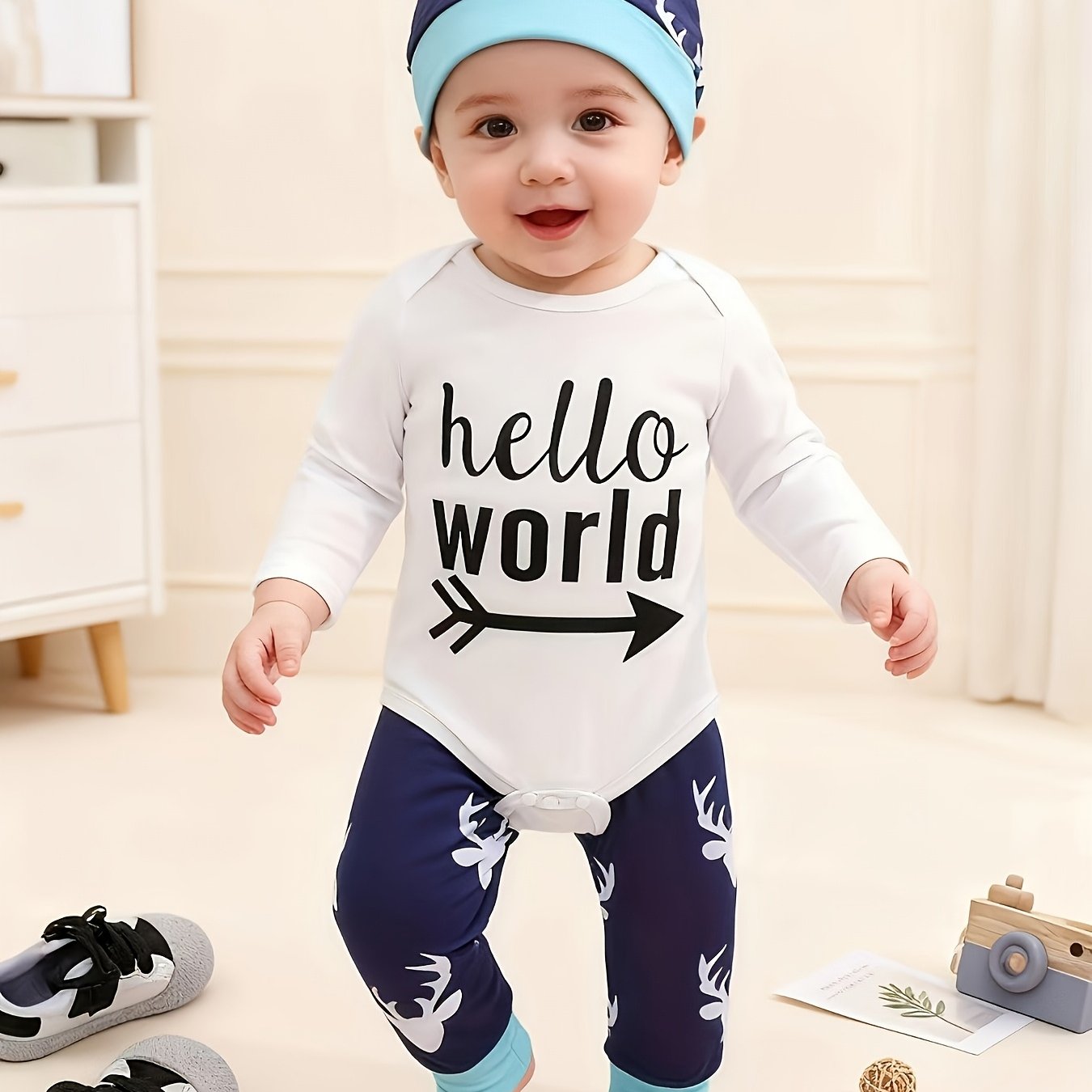 3pcs Adorable 'hello World' Outfit Set - Cozy Polyester Romper, Striped Pants & Hat For - Machine Washable, Ideal For Spring, Clothes, Perfect For Outdoor