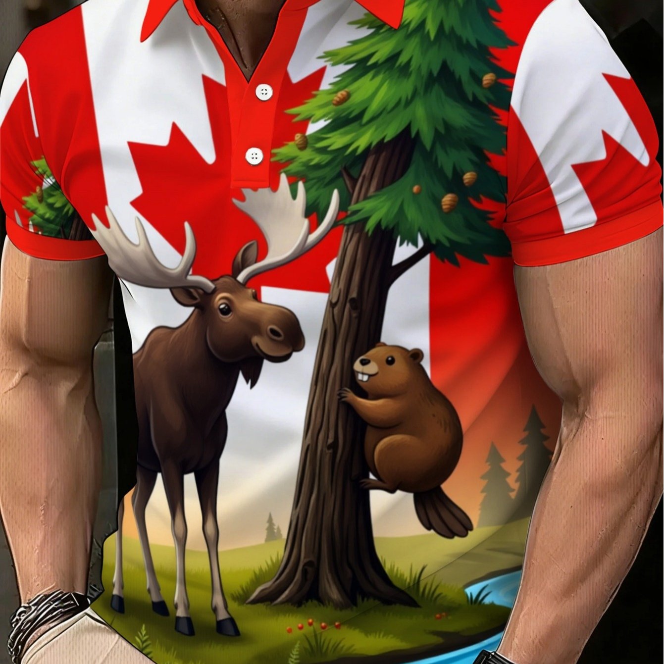 TEMU Men's Shirt Featuring A Leaf Design With A Moose And Raccoon Scene, Lightweight And Durable, Perfect For Home Or , Red And Scheme