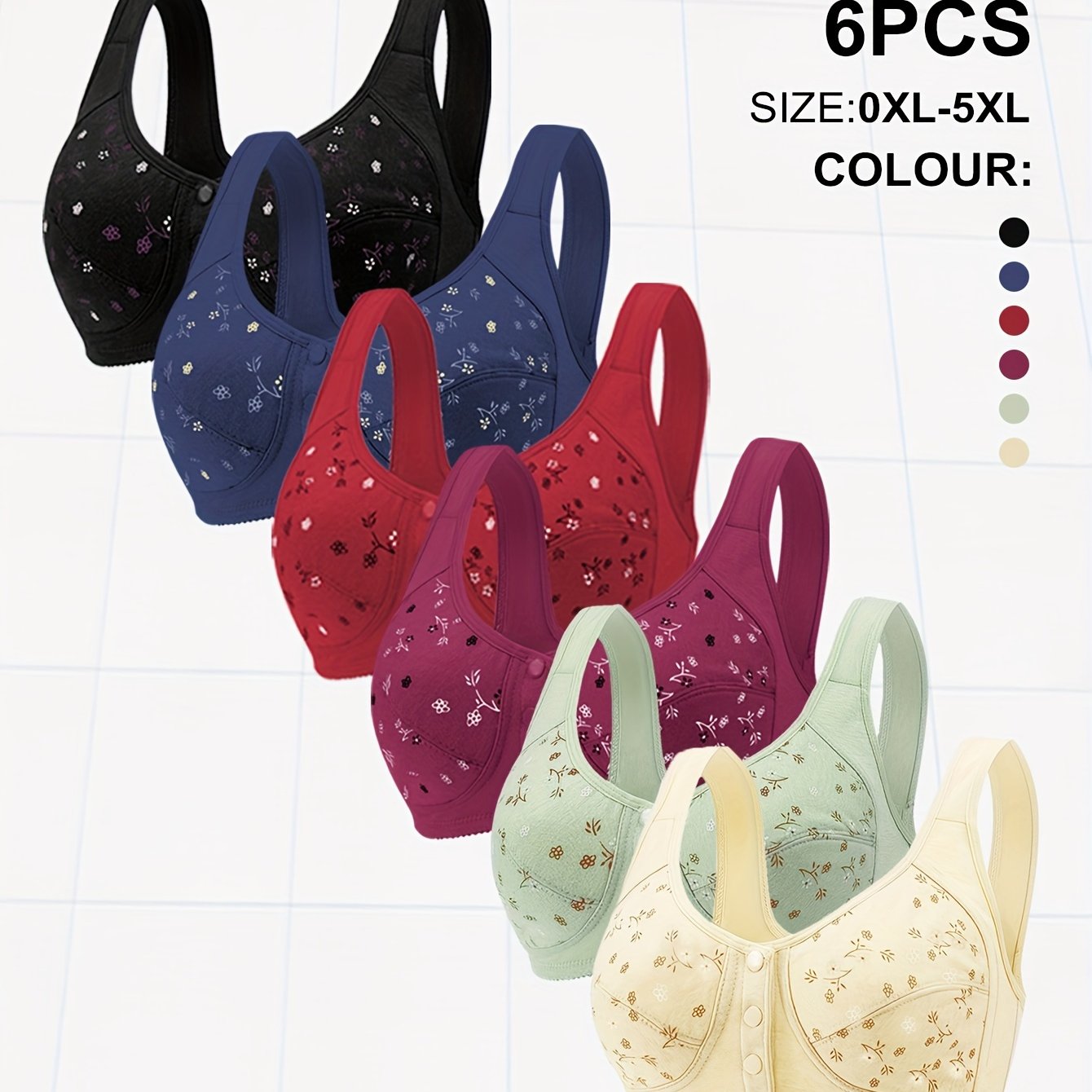 TEMU 6pcs Of Women's Autumn And Winter Printed Front Underwear, Women's Soft Large-size Bra