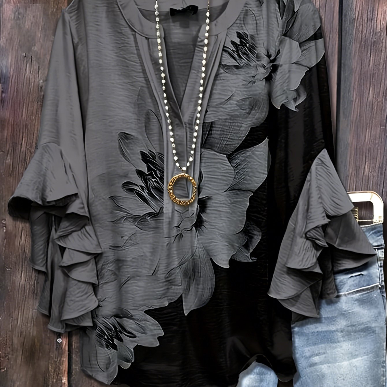 Image of New Arrival Women's Ruffle Sleeve Top, Black-gradient Ink Wash Floral Print, Summer Cool& Comfortable Blouse, Fashion Versatile Design Outdoor Streetwear