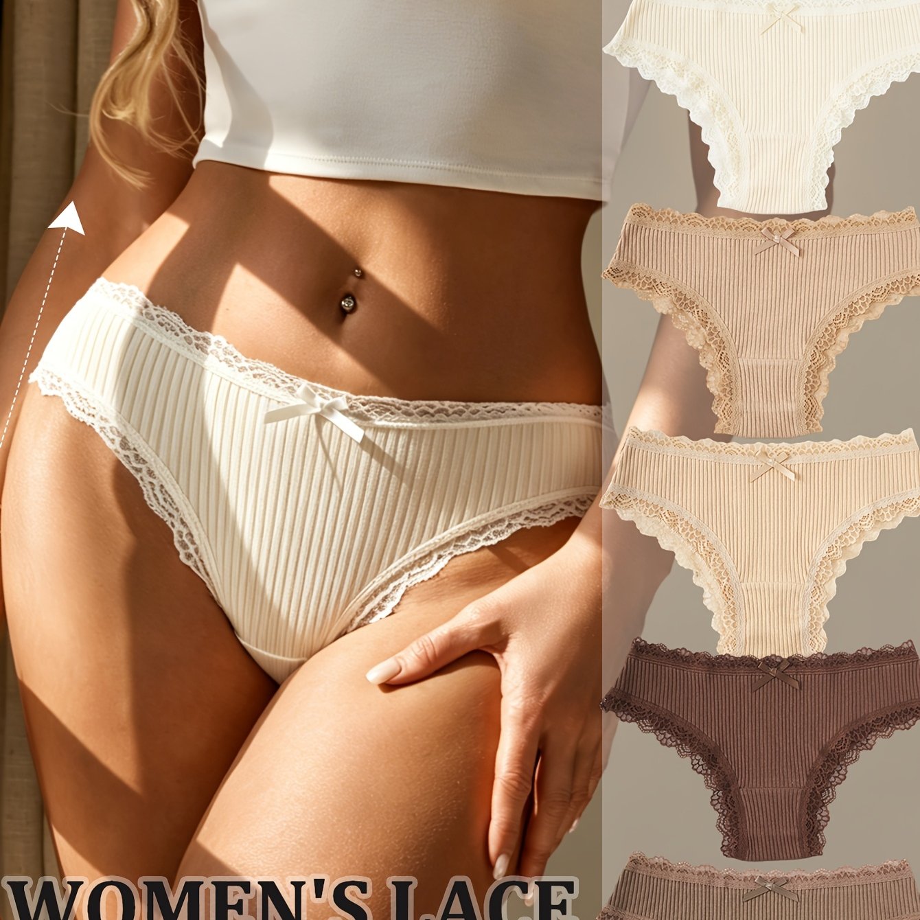 Image of 5-pcs Women's Ribbed Lace Trim Bikini Briefs, Skin-friendly Fabric, Breathable Lined Crotch, High Elastic No-mark Waistband, Cute Bow Accent, Assortment, Daily Casual Wear Underwear, Sizes Xs-xxl