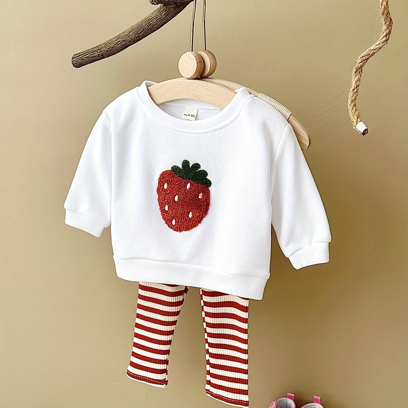 Image of Two-piece Baby Girl Soft Comfortable Cute Strawberry Long-sleeved Top Plus Tight Leggings Spring And Autumn, For Outdoor