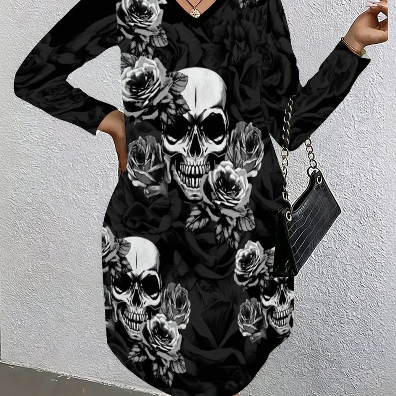 Image of Plus Size - Women's Plus Size Dress Halloween Costumes And Full Body Print Themed Parties Elegant Women's Wear Spooky Season Fashion V-neck Long Sleeve Dress