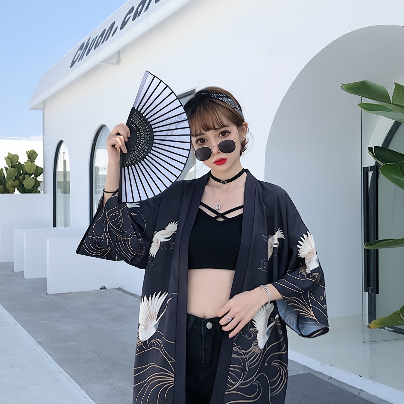 E-shop Japanischer Retro Modifizierter Kranich Print Yukata Kimono Cardigan Lässig Locker All-Match Frühling Sommer Sonnenschutz Top Dünne Jacke