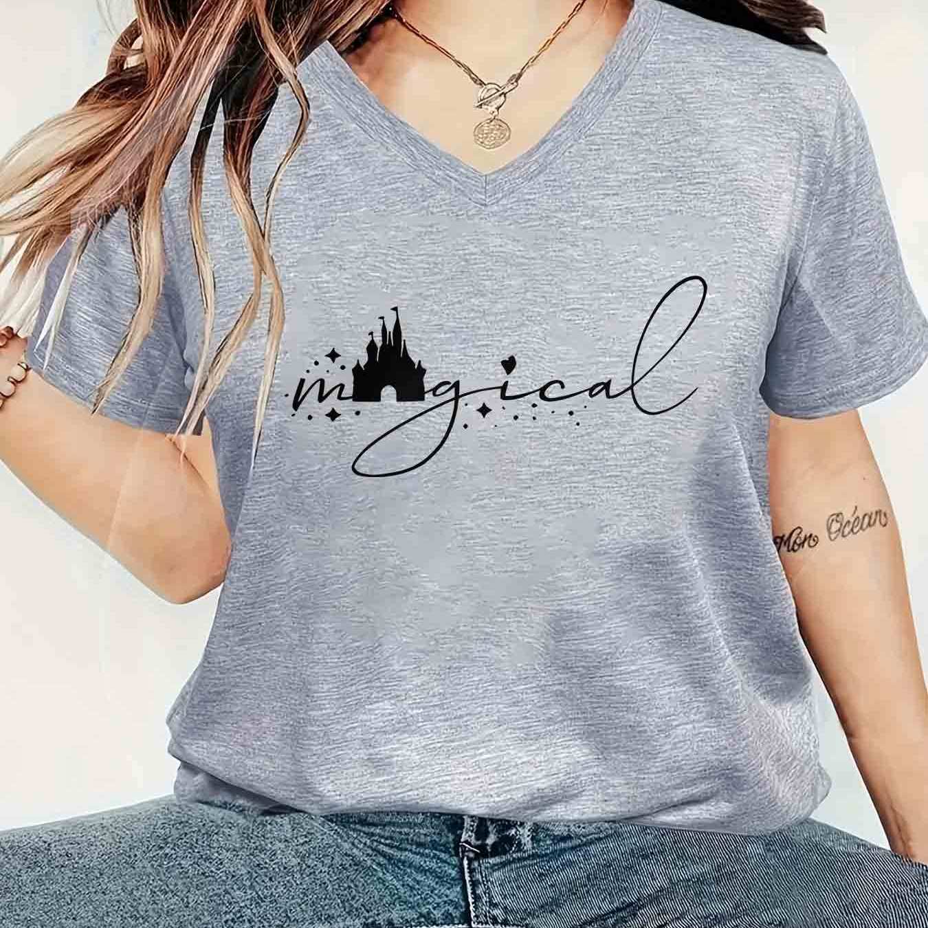 TEMU 1pc Fashion Women's V-neck Short Sleeve T-shirt, Polyester, Series, , Simple And Trendy "stars And Castle" Pattern Print