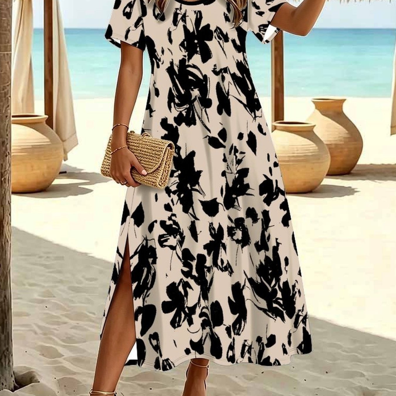 Plus Size Women's Summer Fashion Dress, Casual With Tiny Botanical Floral Print, Crew Neck Short Sleeve Split Hem Elegant Dress