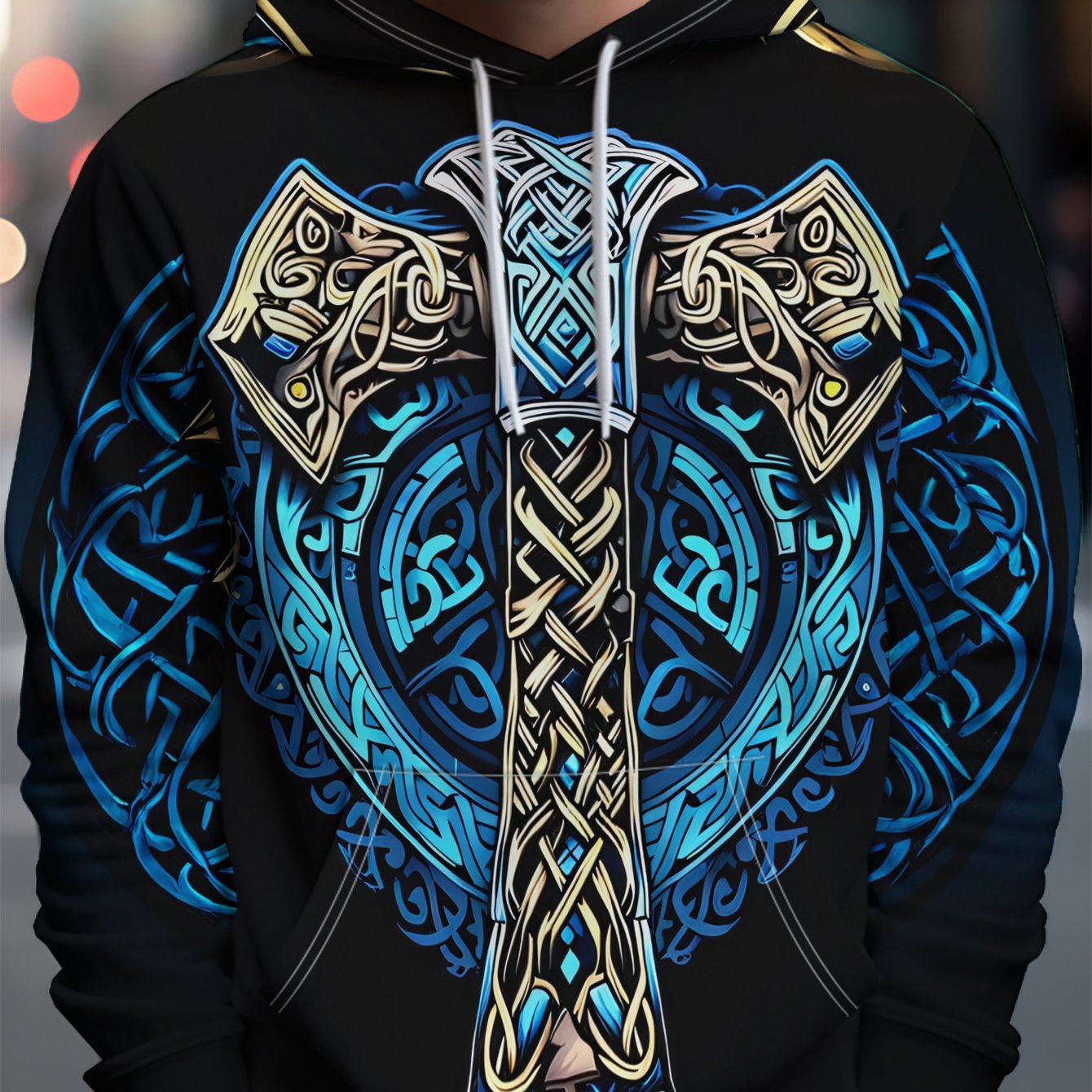 TEMU Men's Streetwear Brand Hooded Sweatshirt With Blue And Golden Viking 's Black Background - Full Of Streetwear Brand Style, Rich In Pattern